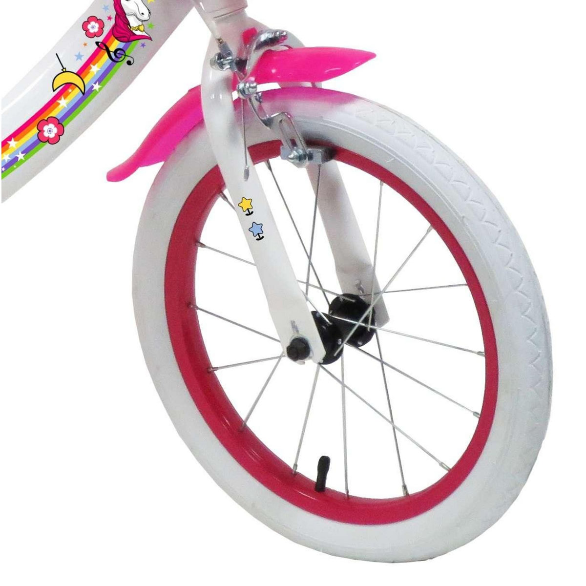 Vélo enfant - Modèle 16'' Fille Licorne / Unicorn pour enfant de taille 105 à 120 cm avec stabilisateurs - Panier avant - Porte poupée arrière - 2 freins et pneus gonflables