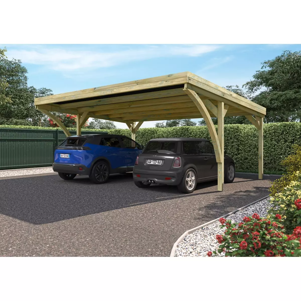 Forest Style Carport toit plat - Bois traité autoclave - 2 voitures - 30,9 m² - VICTOR MODERN