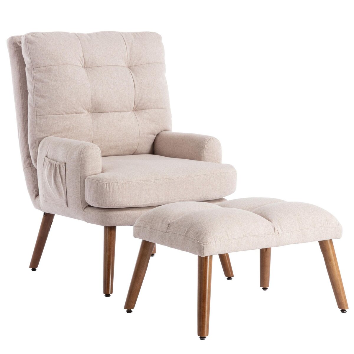MERAX Fauteuil Scandinave + Pouf Tissu Beige