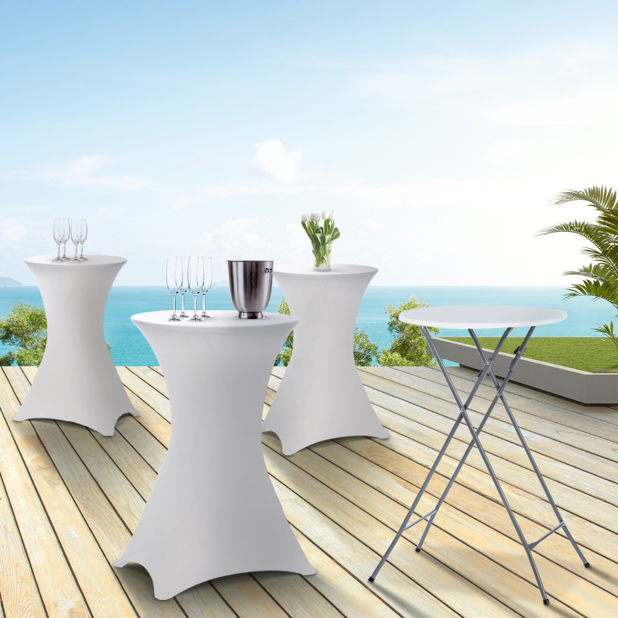 Voir la diapositive 2 : ID MARKET Lot de 4 tables hautes pliantes 105 cm et 4 housses blanches