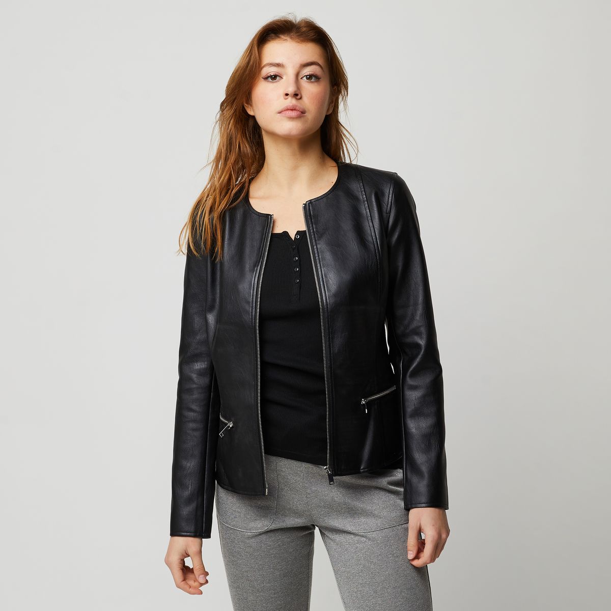 INEXTENSO Veste en cuir noir femme