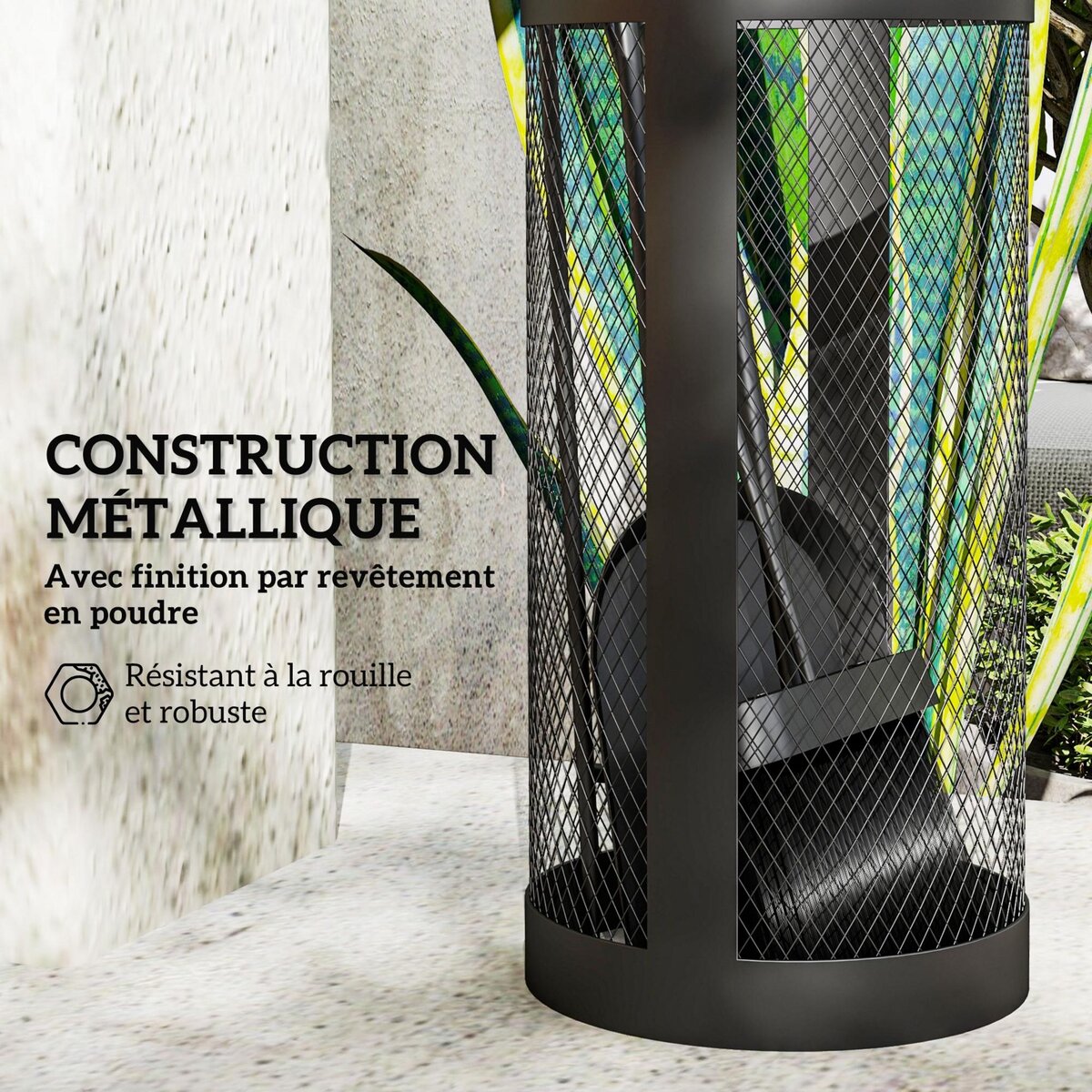 OUTSUNNY Serviteur de cheminée moderne 5 pièces - balai, pelle, pince, tisonnier, seau - métal noir