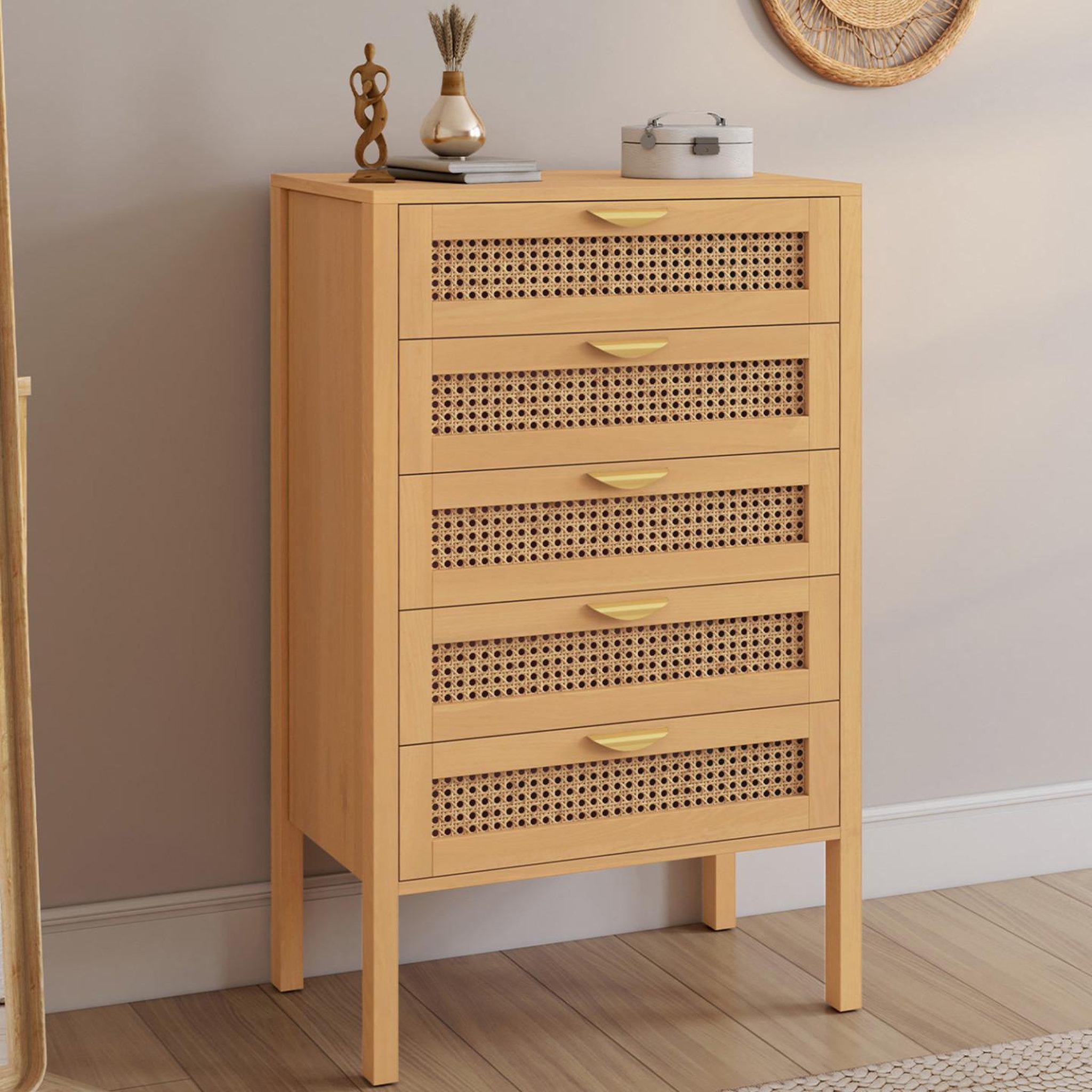 Voir la diapositive 2 : ID MARKET Chiffonnier 5 tiroirs edhen 60x40x100 cm commode semainier bois et effet cannage
