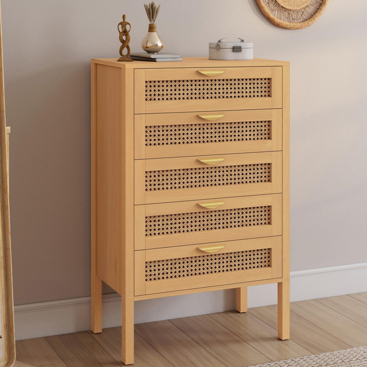 ID MARKET Chiffonnier 5 tiroirs EDHEN 60 cm bois et cannage