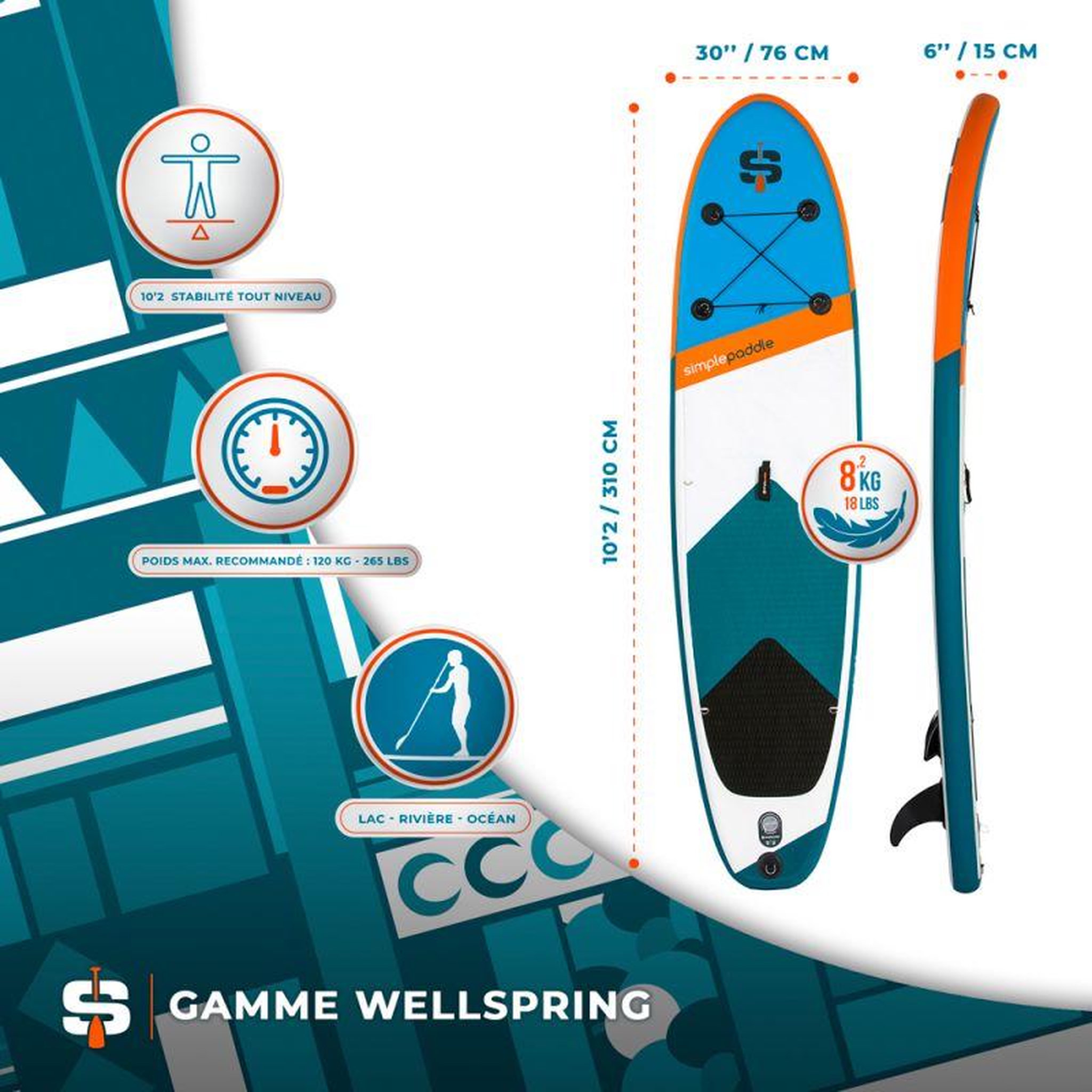 Voir la diapositive 3 : SIMPLE PADDLE Paddle Gonflable S2 10'2  30'' 5'' (310 x 76 x 13 cm) avec Pagaie, Leash, Pompe et Sac de Transport