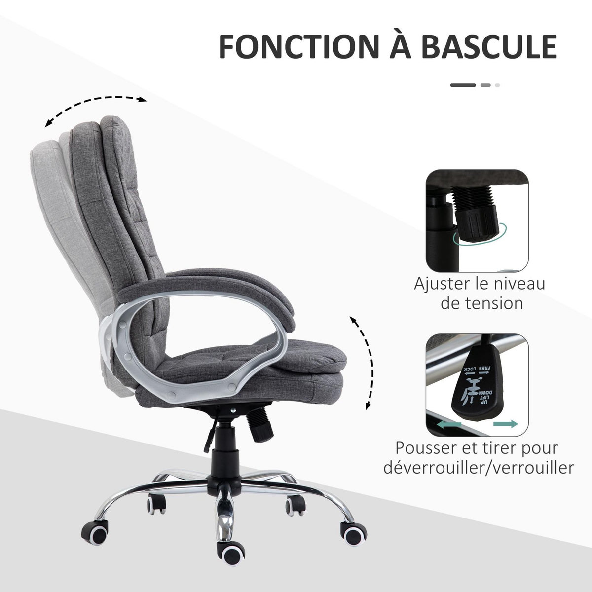 HOMCOM Fauteuil de bureau manager chaise de bureau ergonomique double coussin réglable roulettes toile lin gris foncé