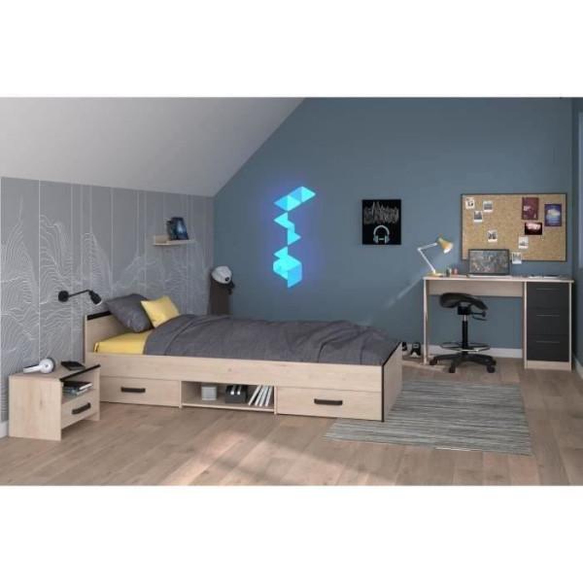 Voir la diapositive 5 : PARISOT Chambre complete enfant 3 pieces ZODIAC - Lit + chevet + bureau - Décor chene/noir - PARISOT