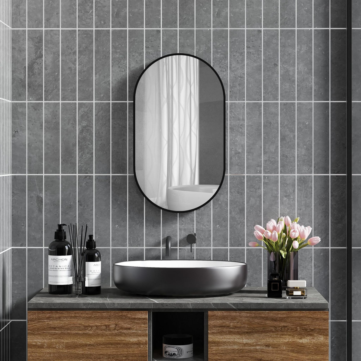 HOMCOM Miroir mural ovale dim. 40L x 70H cm cadre arrondi montage vertical/horizontal alu. noir