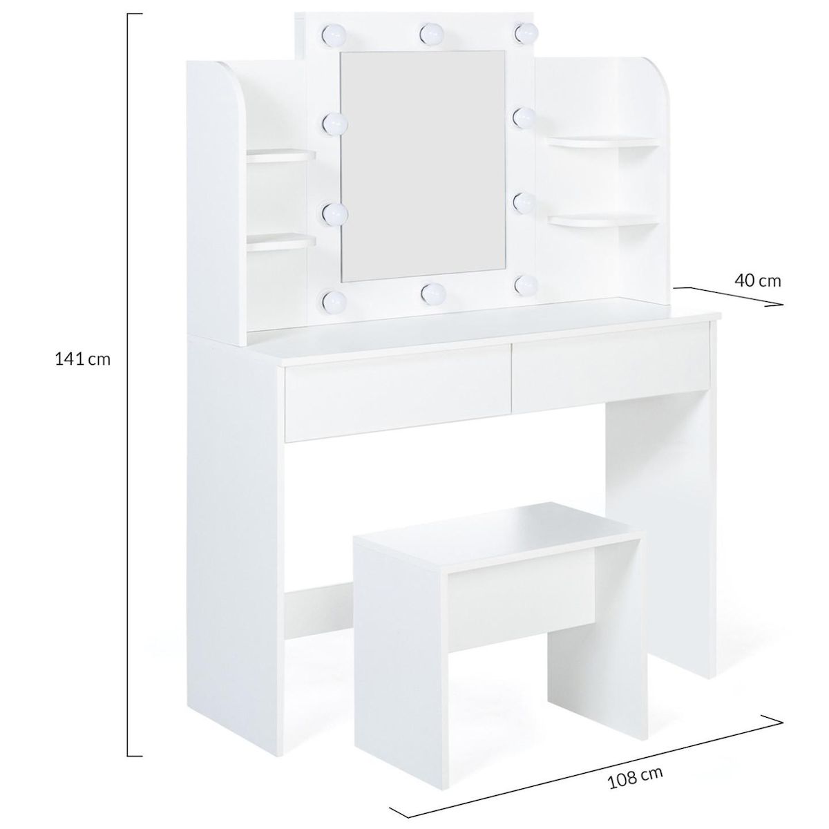 ID MARKET Coiffeuse ZELIA blanche table de maquillage 4 étagères, miroir LED et tabouret