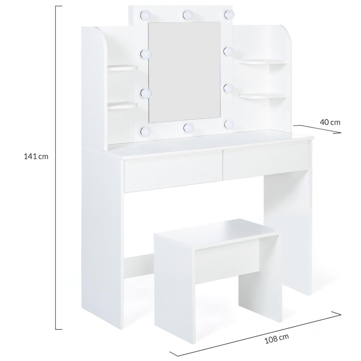 ID MARKET Coiffeuse ZELIA blanche table de maquillage 4 étagères, miroir LED et tabouret