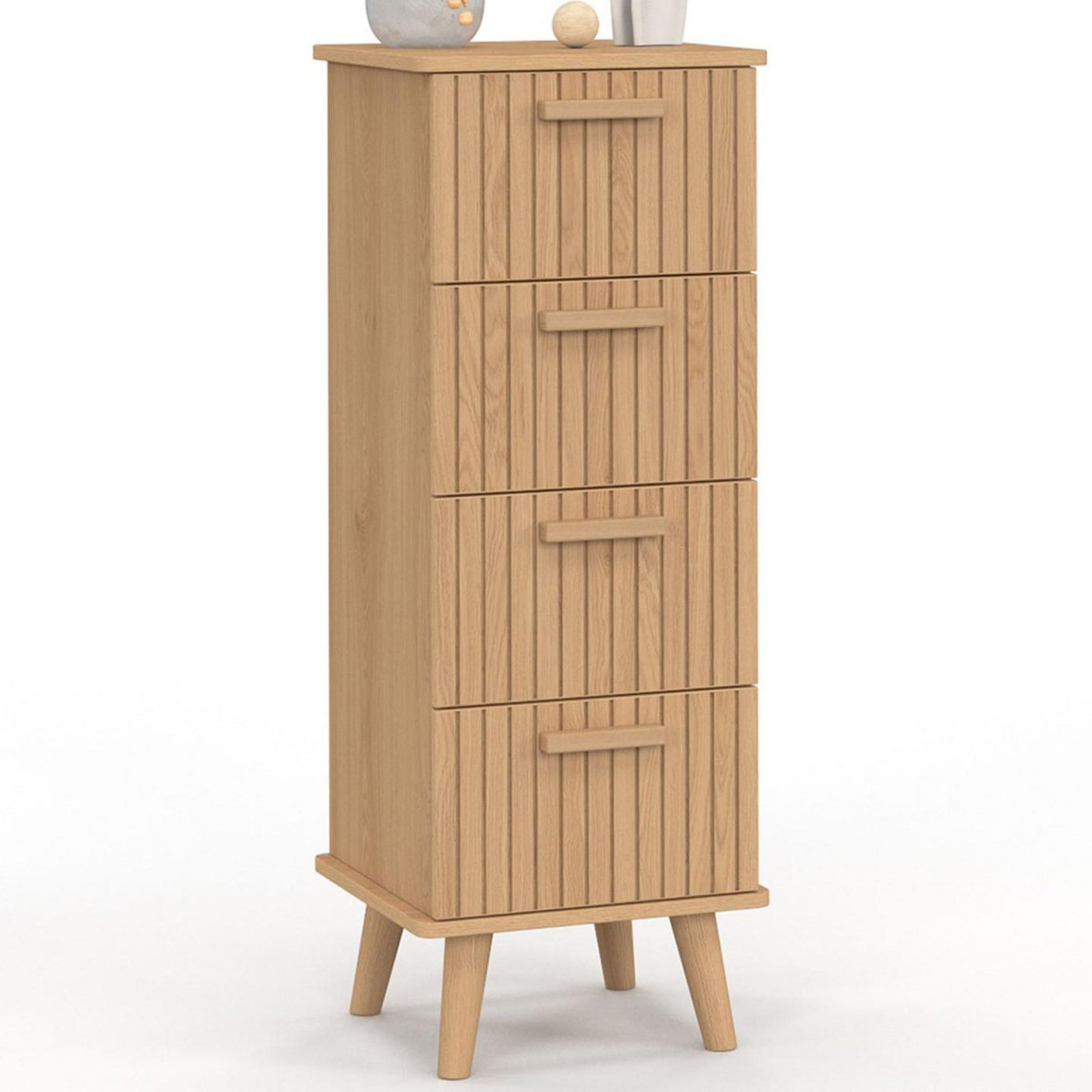 ID MARKET Meuble d'appoint 4 tiroirs JULIETTE 30 cm chiffonnier effet lattes tasseau bois coloris chêne