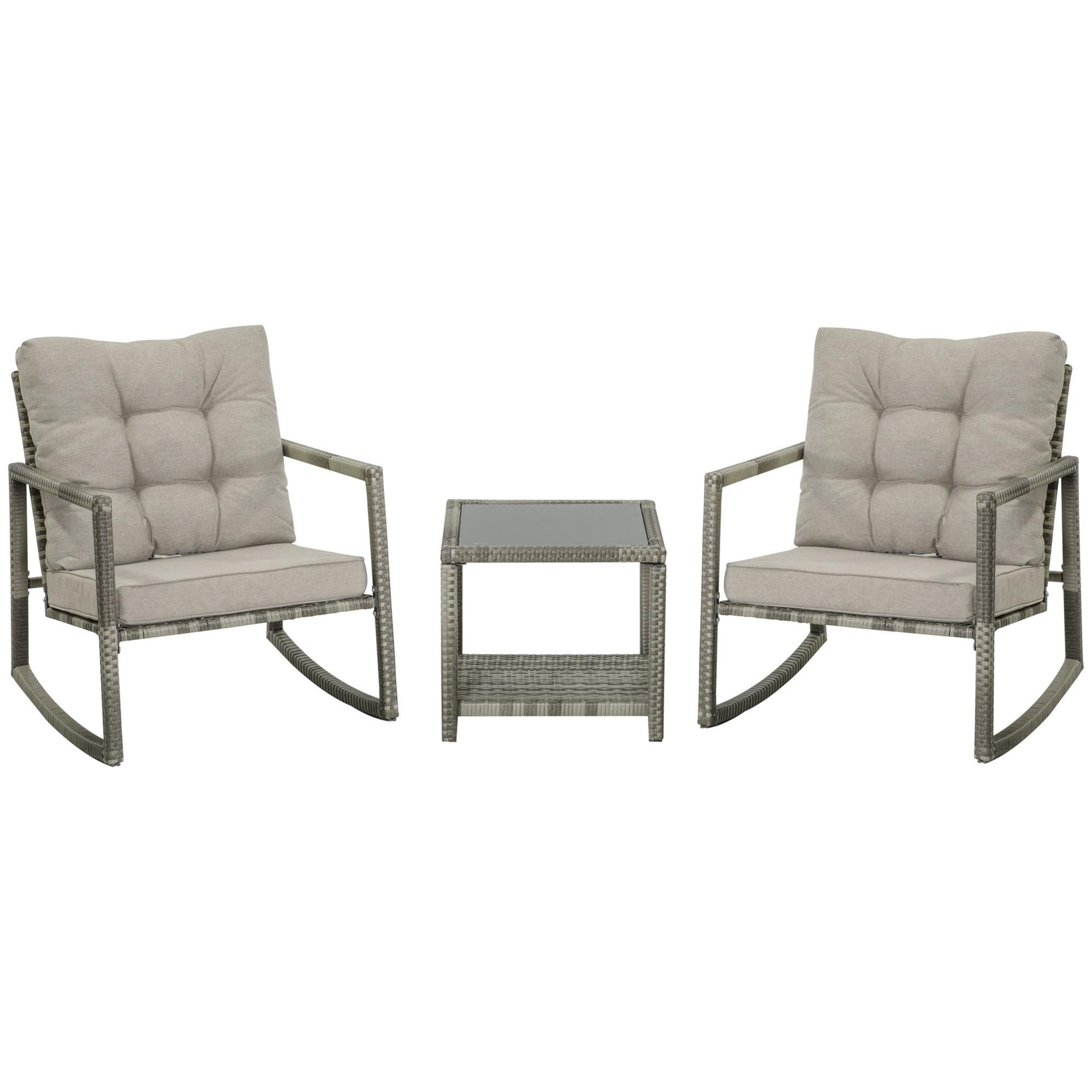Voir la diapositive 1 : OUTSUNNY Ensemble de jardin 3 pièces 2 fauteuils à bascule table basse coussins inclus métal époxy résine tressée PE polyester gris