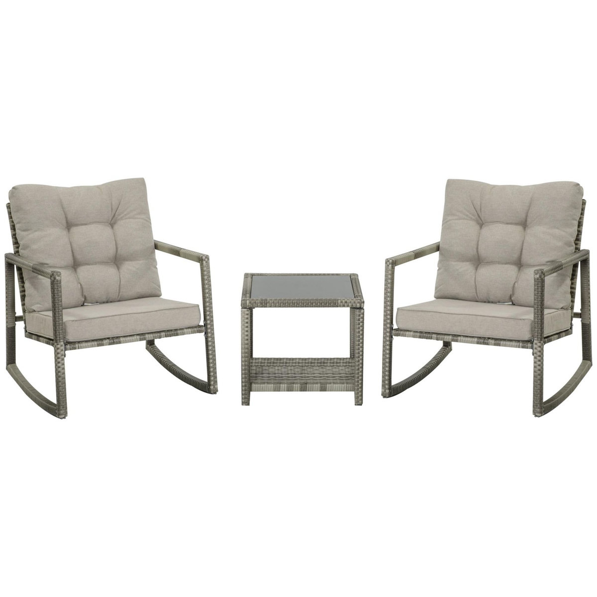OUTSUNNY Ensemble de jardin 3 pièces 2 fauteuils à bascule table basse coussins inclus métal époxy résine tressée PE polyester gris