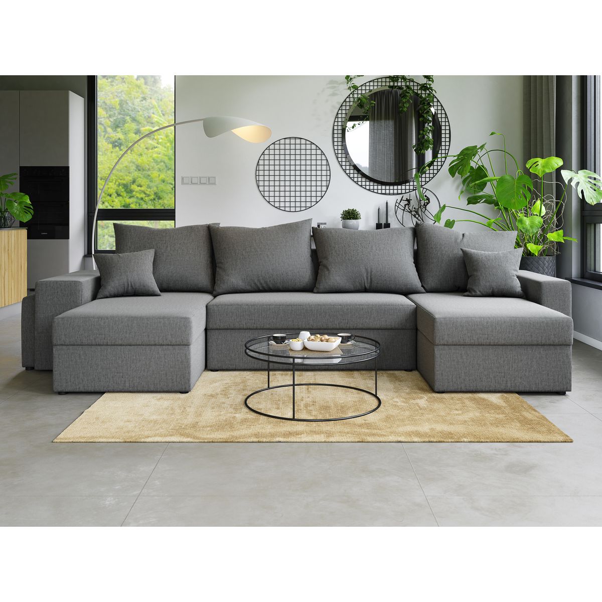 Canapé panoramique convertible 6 places avec étagères et poufs intégrés AUSTIN