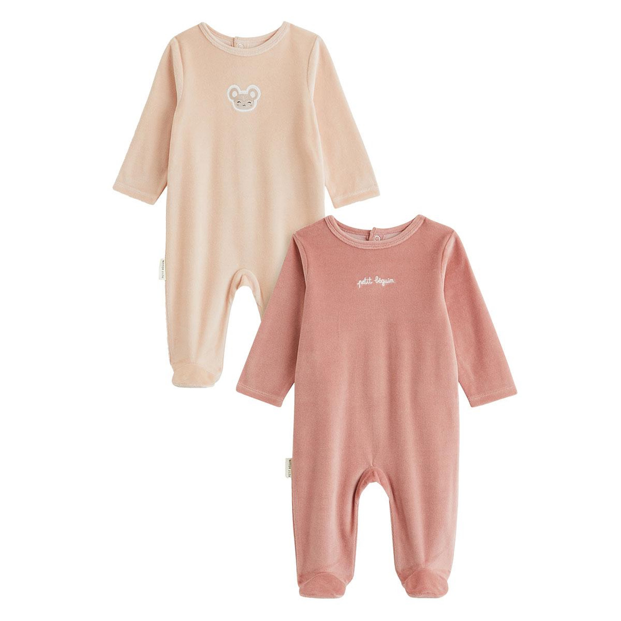 PETIT BEGUIN Lot de 2 pyjamas bébé en velours. Coloris disponibles : Rose