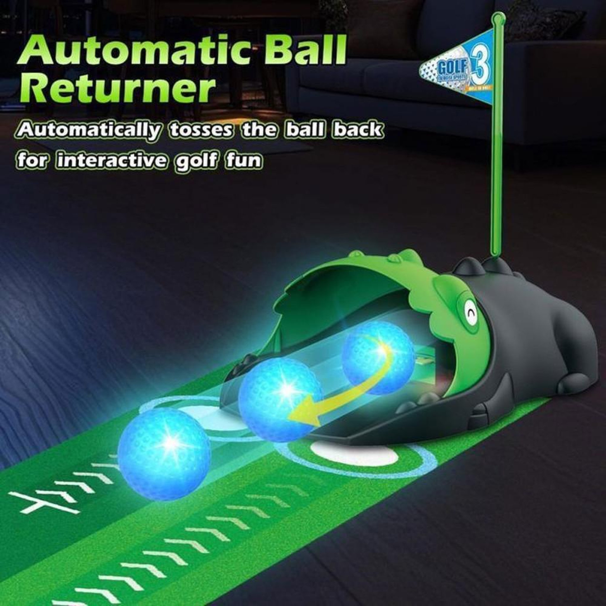 Voir la diapositive 2 : Set mini-golf d'intérieur 3-en-1 LED enfant avec retour automatique dinosaure et plateau Cornhole, tapis de putting, 2 à 7 ans
