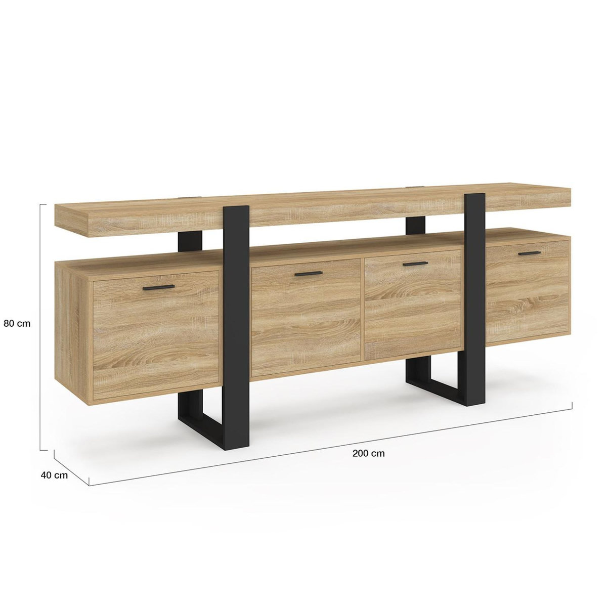 ID MARKET Buffet enfilade 200 cm PHOENIX XXL 4 portes avec niche bois et noir