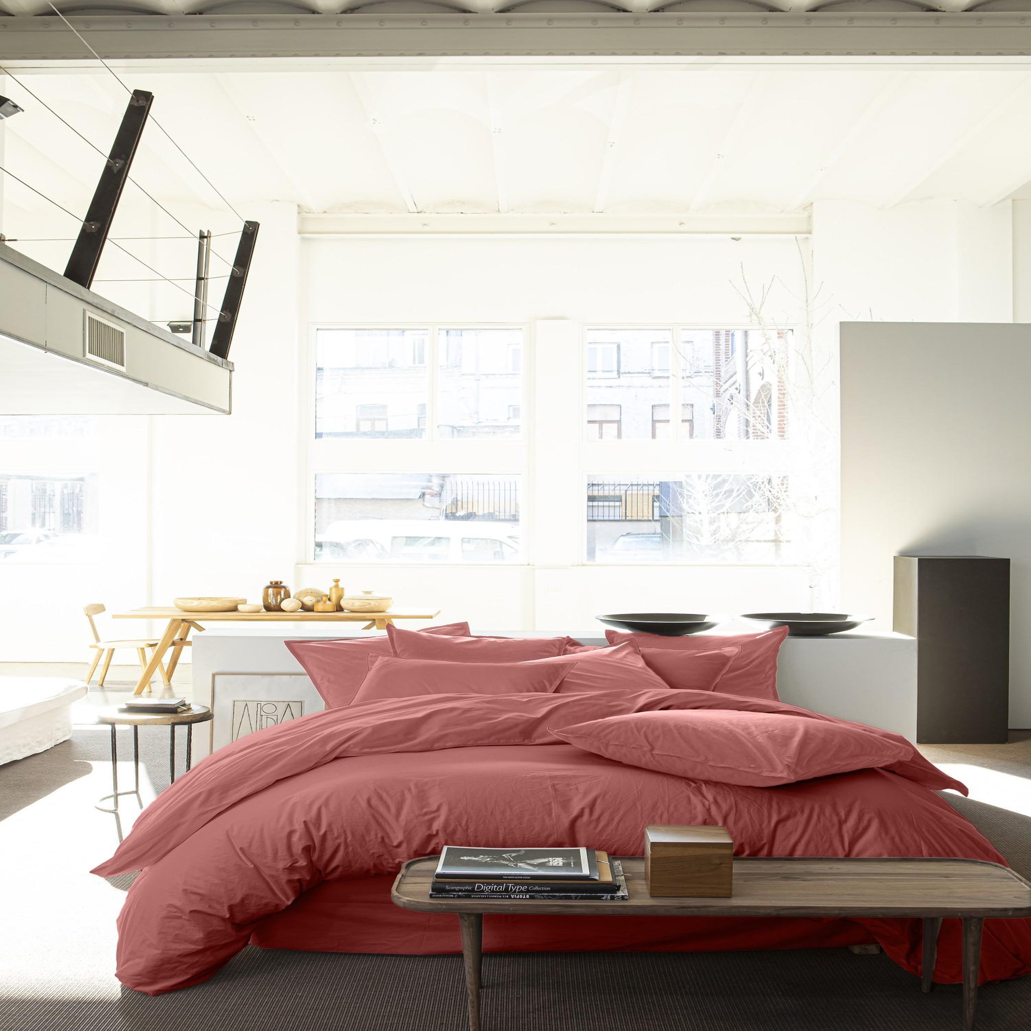 BATON ROUGE Housse de couette 100% percale de coton lavé 80fils/cm² - finition bouteille 40cm - vieux rose. Coloris disponibles : Rose