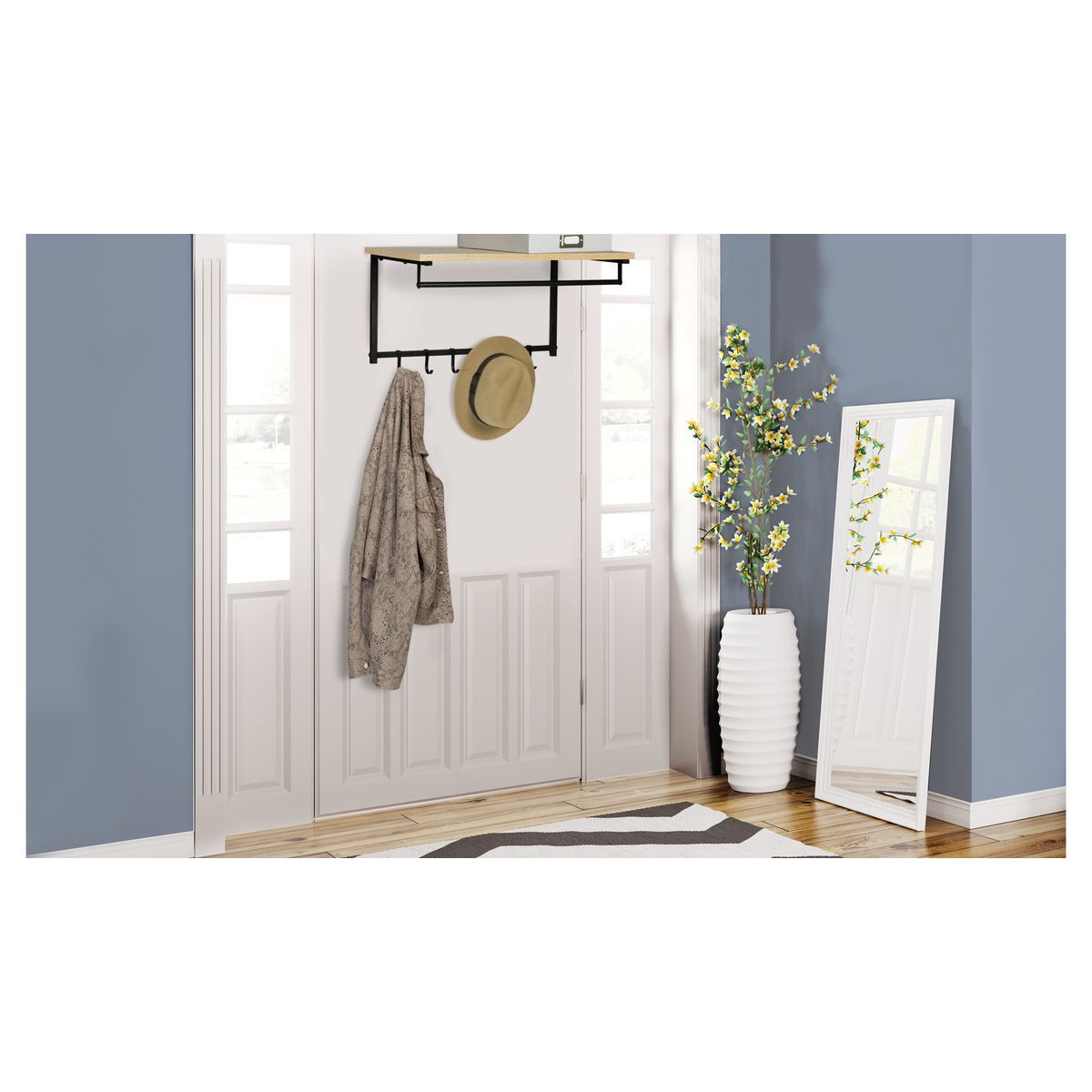 Vestiaire mural 6 patères amovibles + 1 étagère + 1 barre de penderie HOUSTON