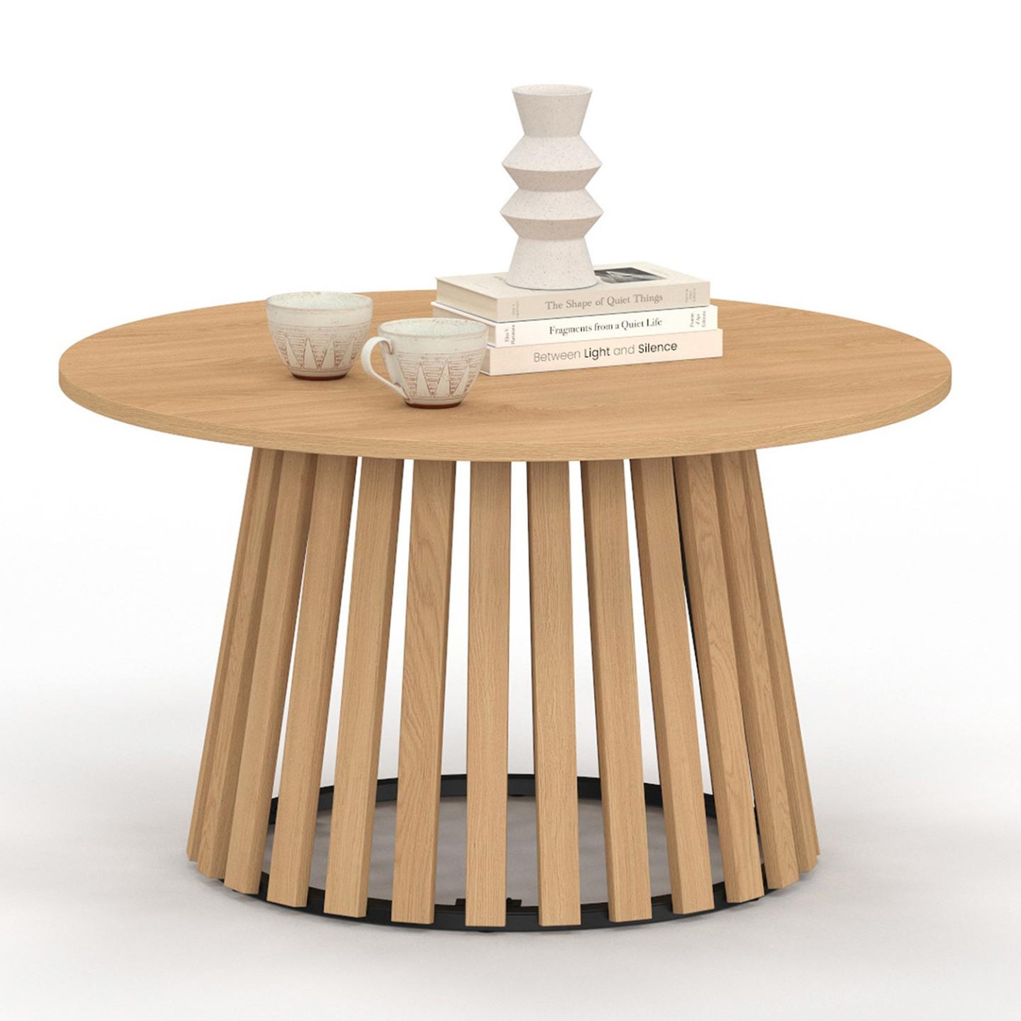 ID MARKET Table basse ronde carmen 70 cm pied bois en lattes et plateau bois