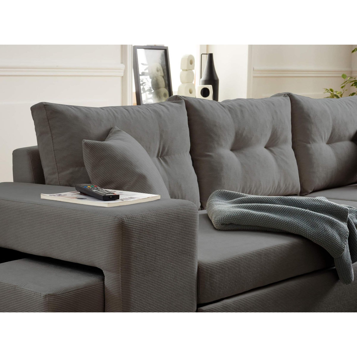 BEST MOBILIER California - canapé d'angle réversible convertible - avec coffre, tablette et poufs - en velours côtelé - 4 places