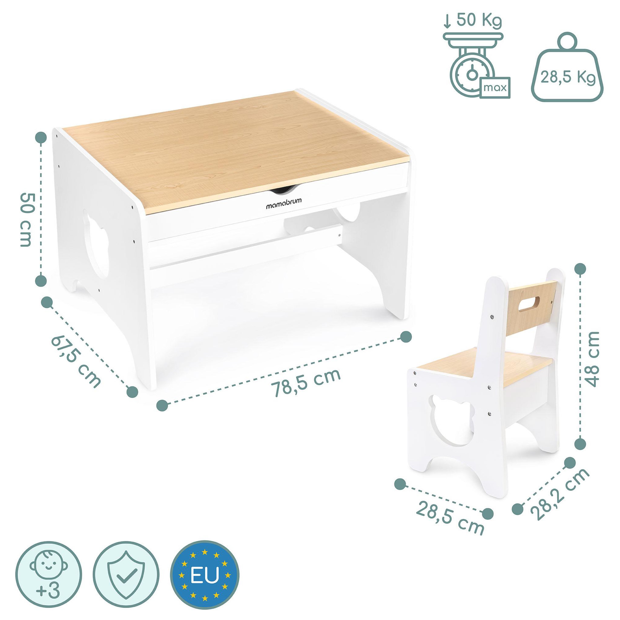 Voir la diapositive 3 : MAMABRUM Ensemble table et 4 chaises Mamabrum blanc et bois avec tiroirs et motifs oursons