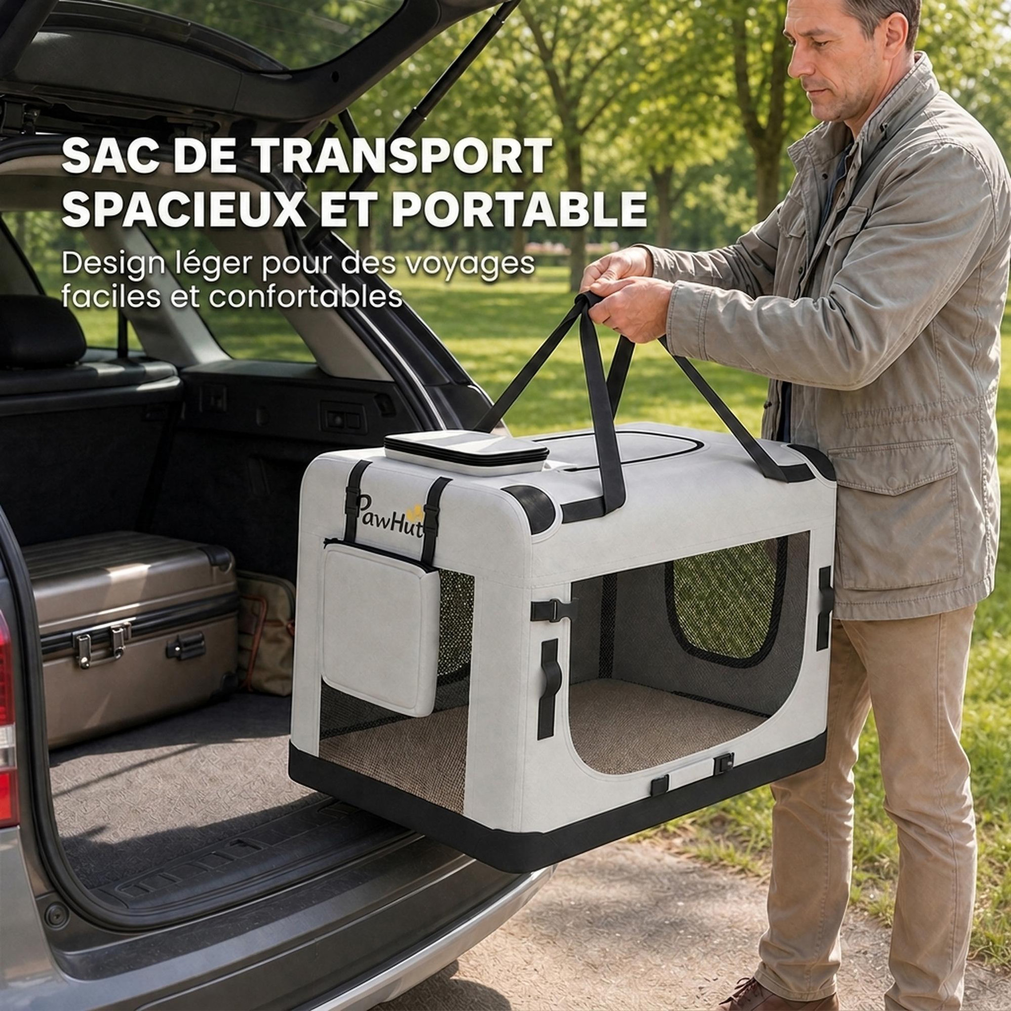 Voir la diapositive 4 : PAWHUT Sac de transport chien chat pliable poignée entrée zippée fenêtres maillées accessoires