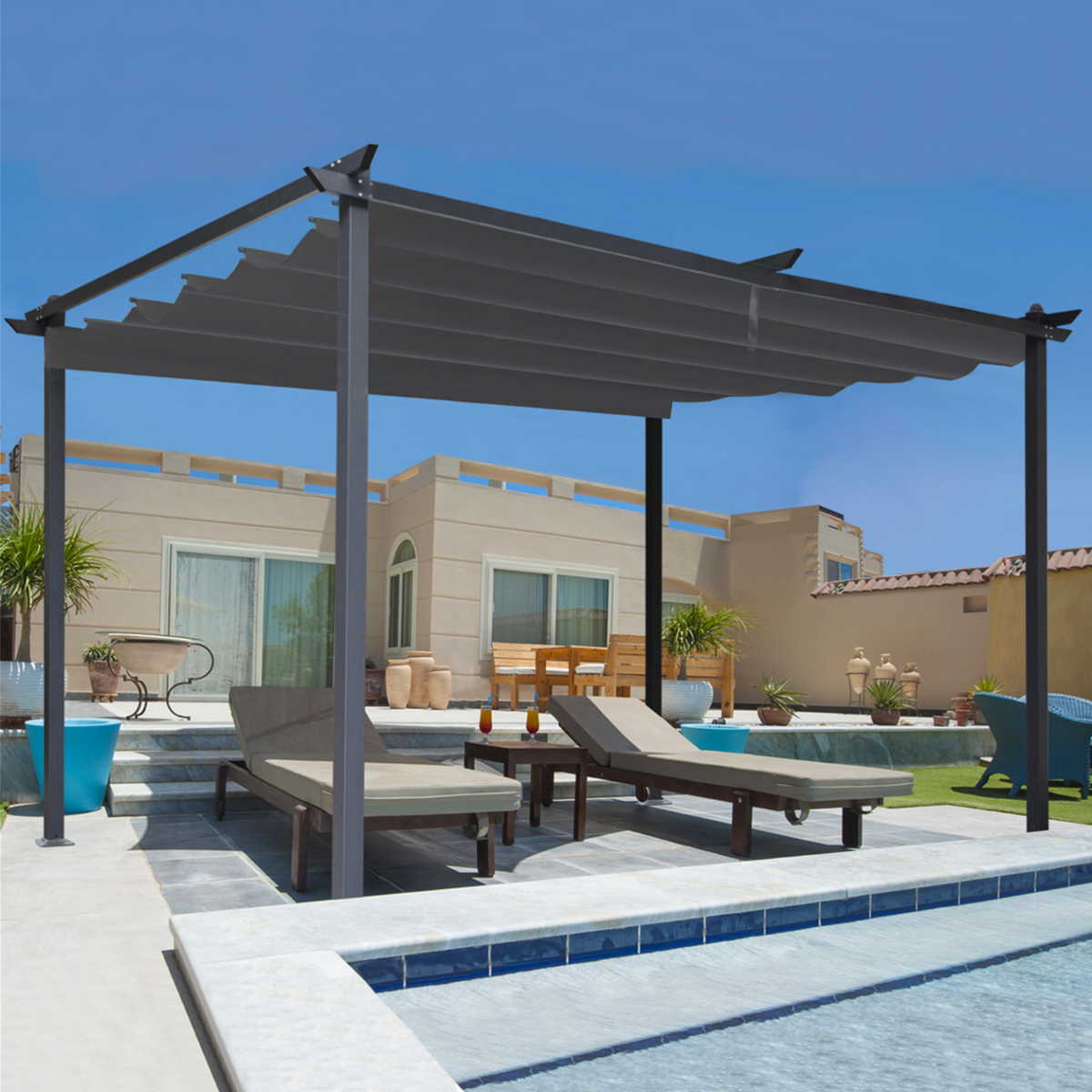ID MARKET Pergola toit rétractable 4 pieds 3x4 M tonnelle gris anthracite