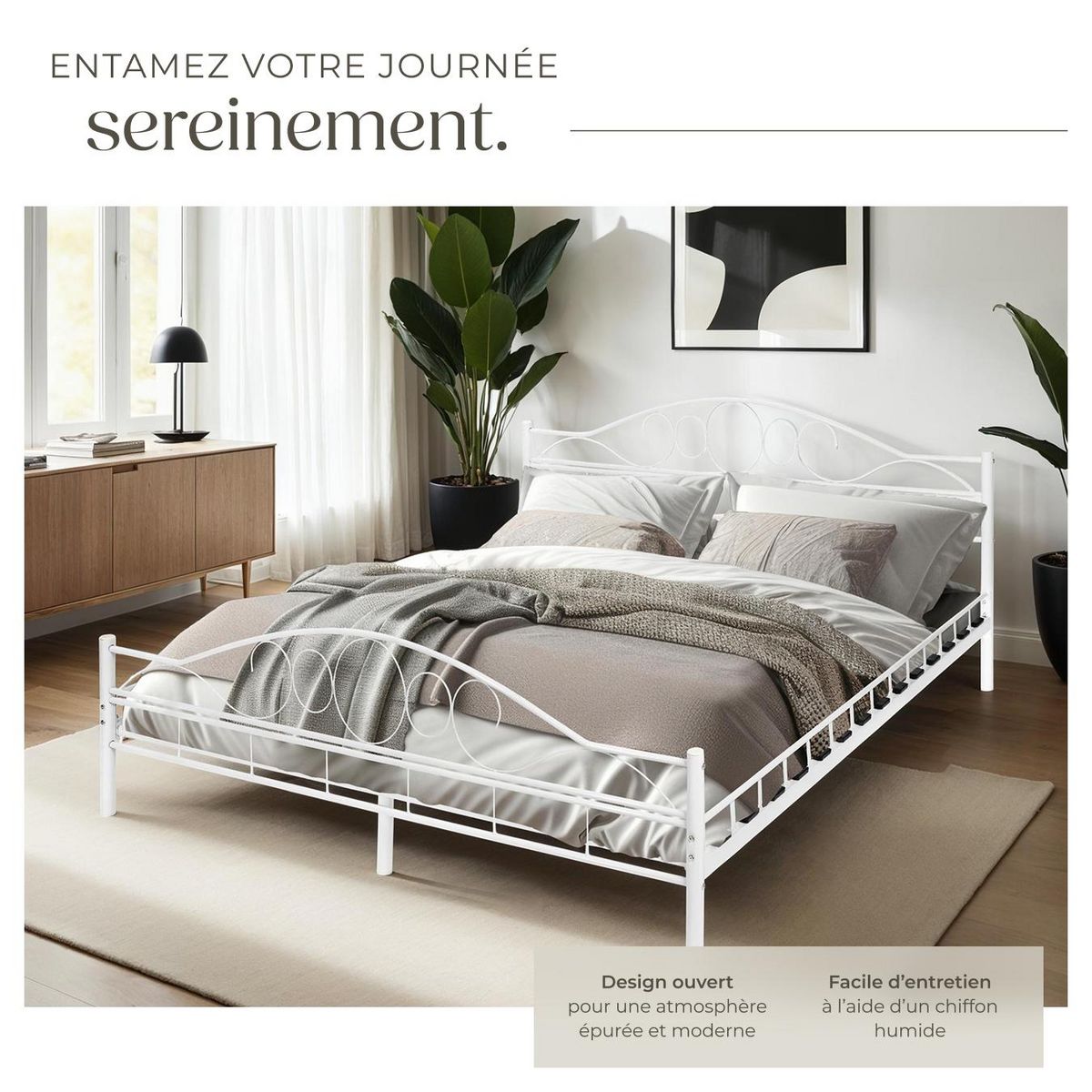 tectake Lit design moderne avec sommier avec Cadre en Acier solide blanc/blanc
