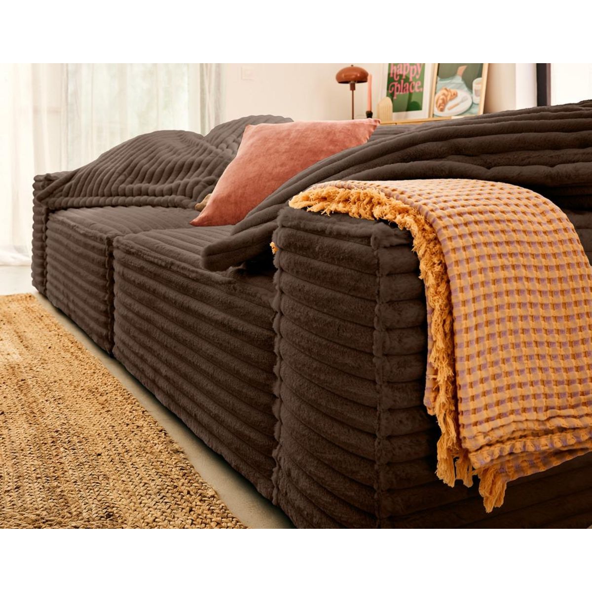 LISA DESIGN Richie - canapé droit 3 places avec double méridienne - assise profonde - en fausse fourrure côtelée