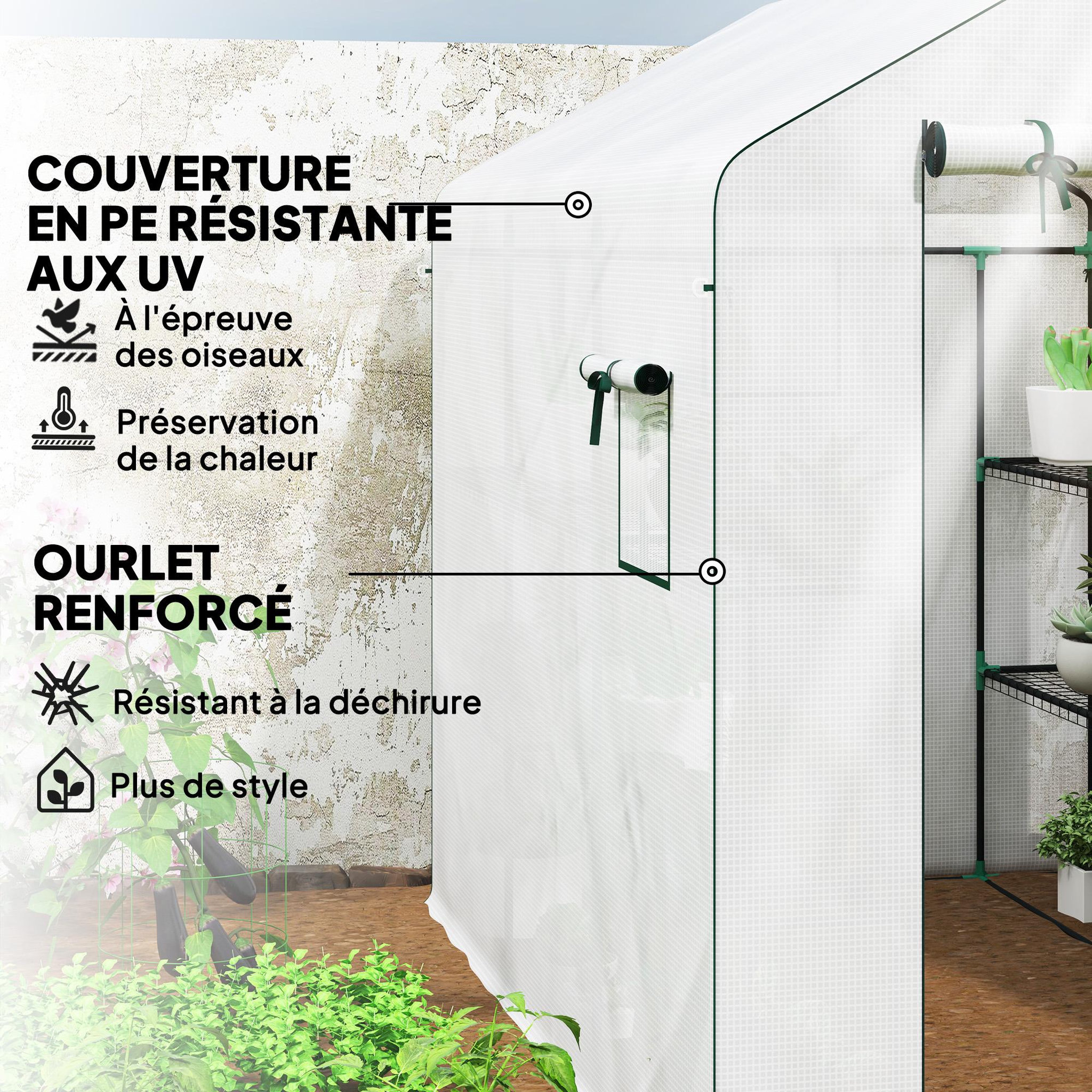 Voir la diapositive 6 : OUTSUNNY Serre de jardin 4 étagères - porte enroulable zippée, 2 fenêtres - 143 x 215 x 190 cm - acier vert PE blanc