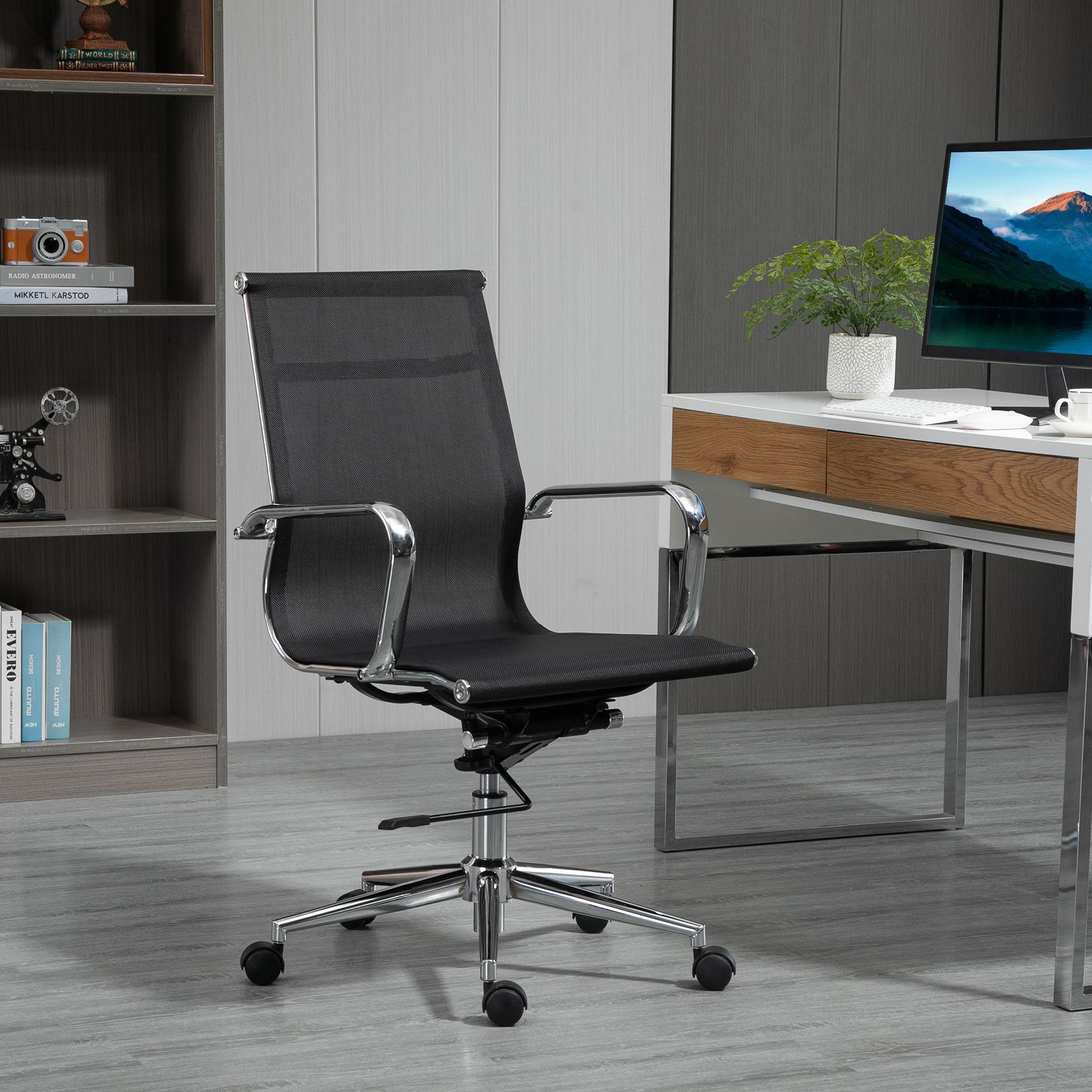 Voir la diapositive 2 : VINSETTO Vinsetto Fauteuil de bureau direction réglable pivotant 360° fonction bascule verrouillable piètement et accoudoirs chromés maille noir