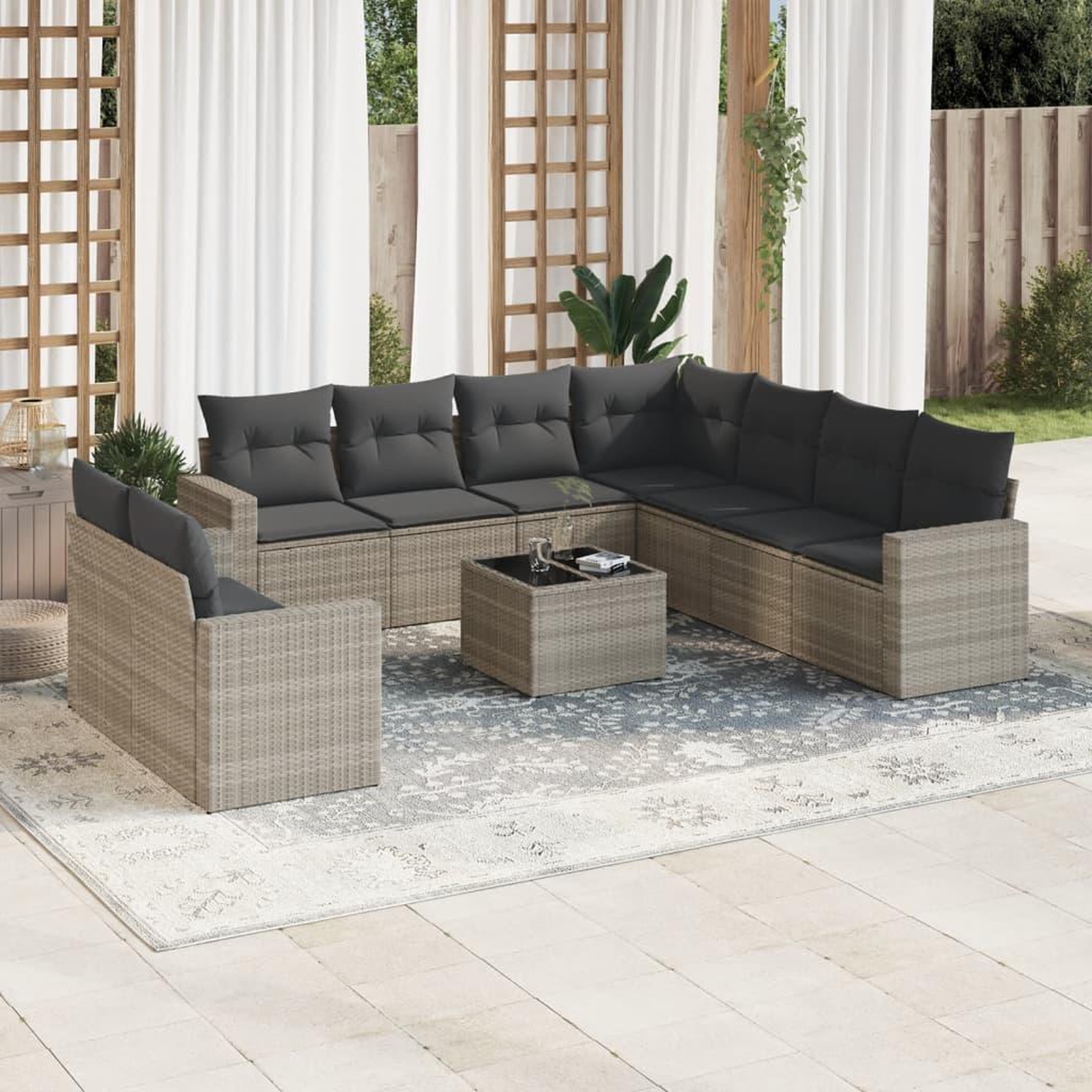 VIDAXL Salon de jardin avec coussins 10 pcs gris clair resine tressee