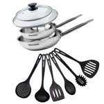 Fackelmann Set de 2 poêles de 24 et 28 cm en inox, 2 couvercles en verre et 6 ustensiles Fackelmann Eterna