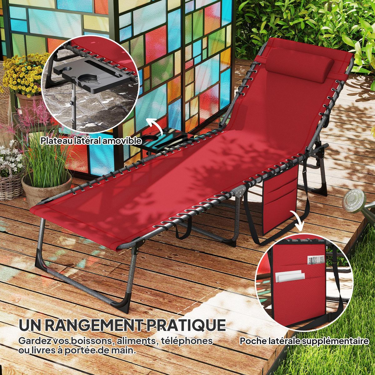 OUTSUNNY Bain de soleil transat pliable inclinable avec poignée, plateau et pochette rangement acier oxford bordeaux