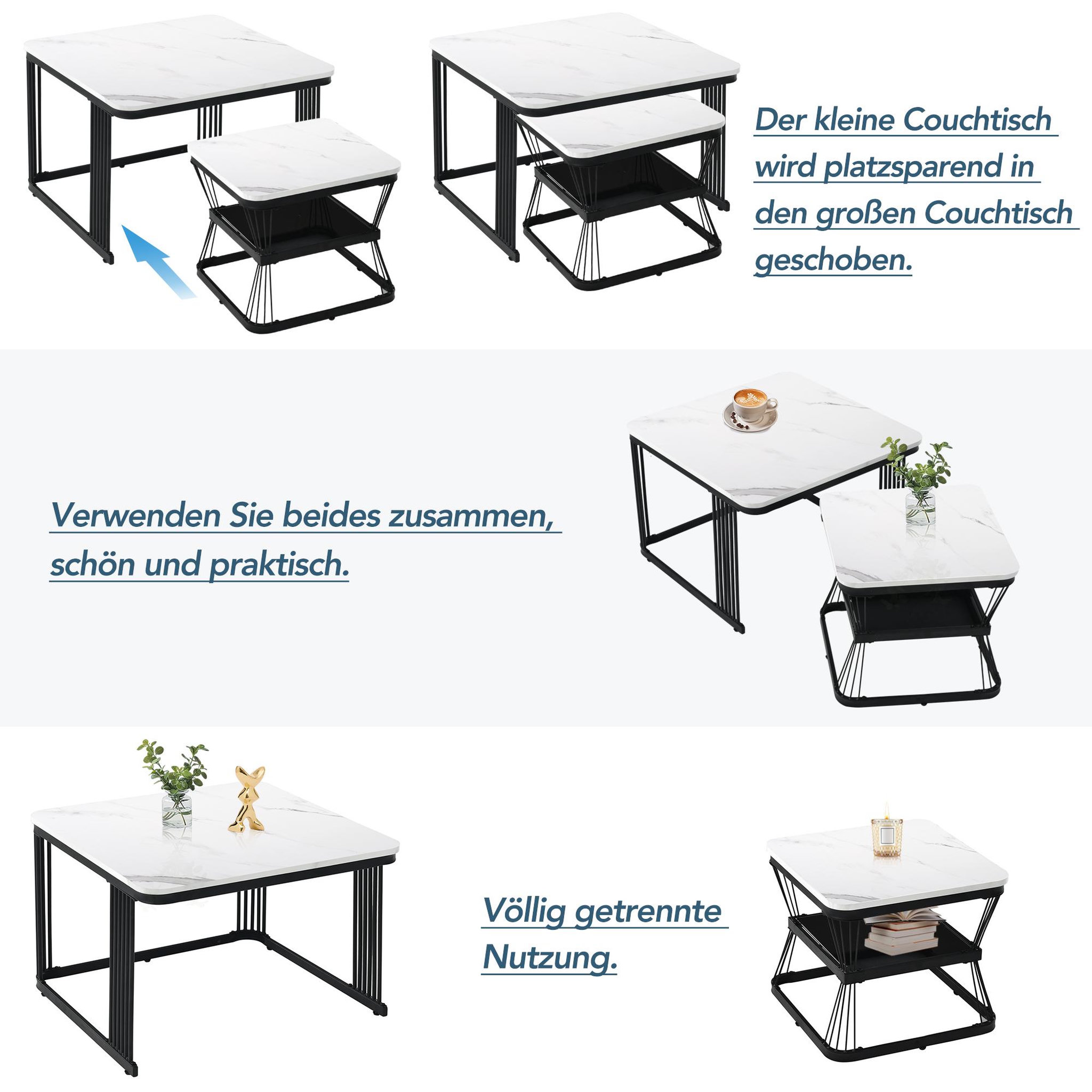 Voir la diapositive 5 : MERAX Table basse gigogne rectangulaire blanc+noir - 65x65 cm mdf
