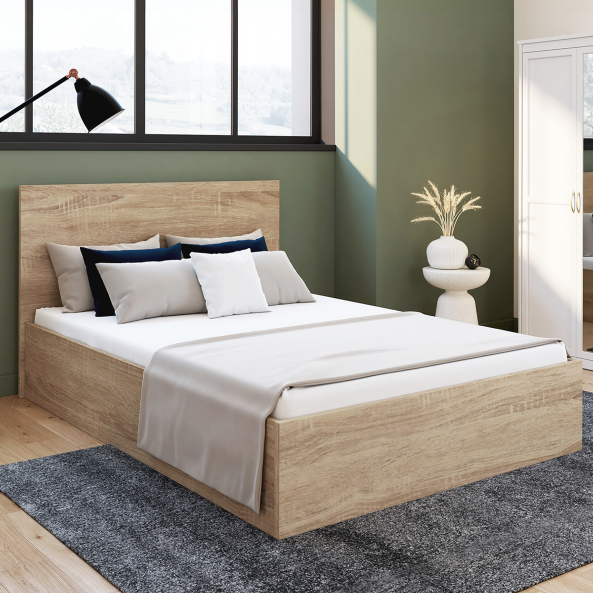 ID MARKET Lit coffre double SEASIDE avec tête de lit et sommier 140x190 cm façon hêtre