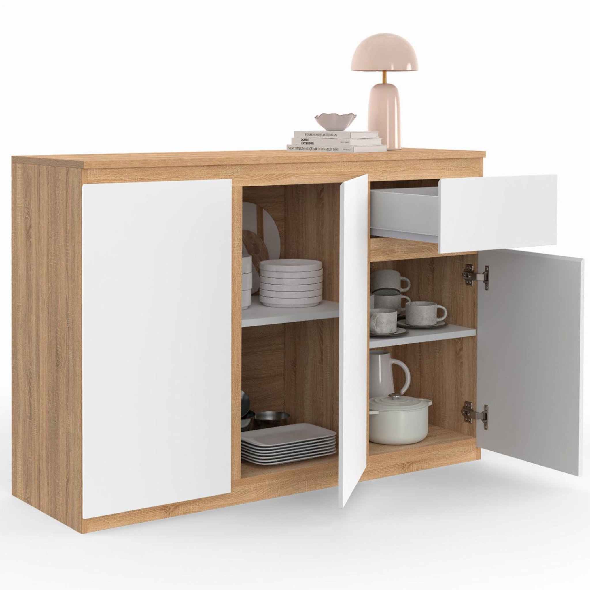 Voir la diapositive 4 : ID MARKET Buffet 100 cm TOMI 3 portes et 1 tiroir blanc et bois