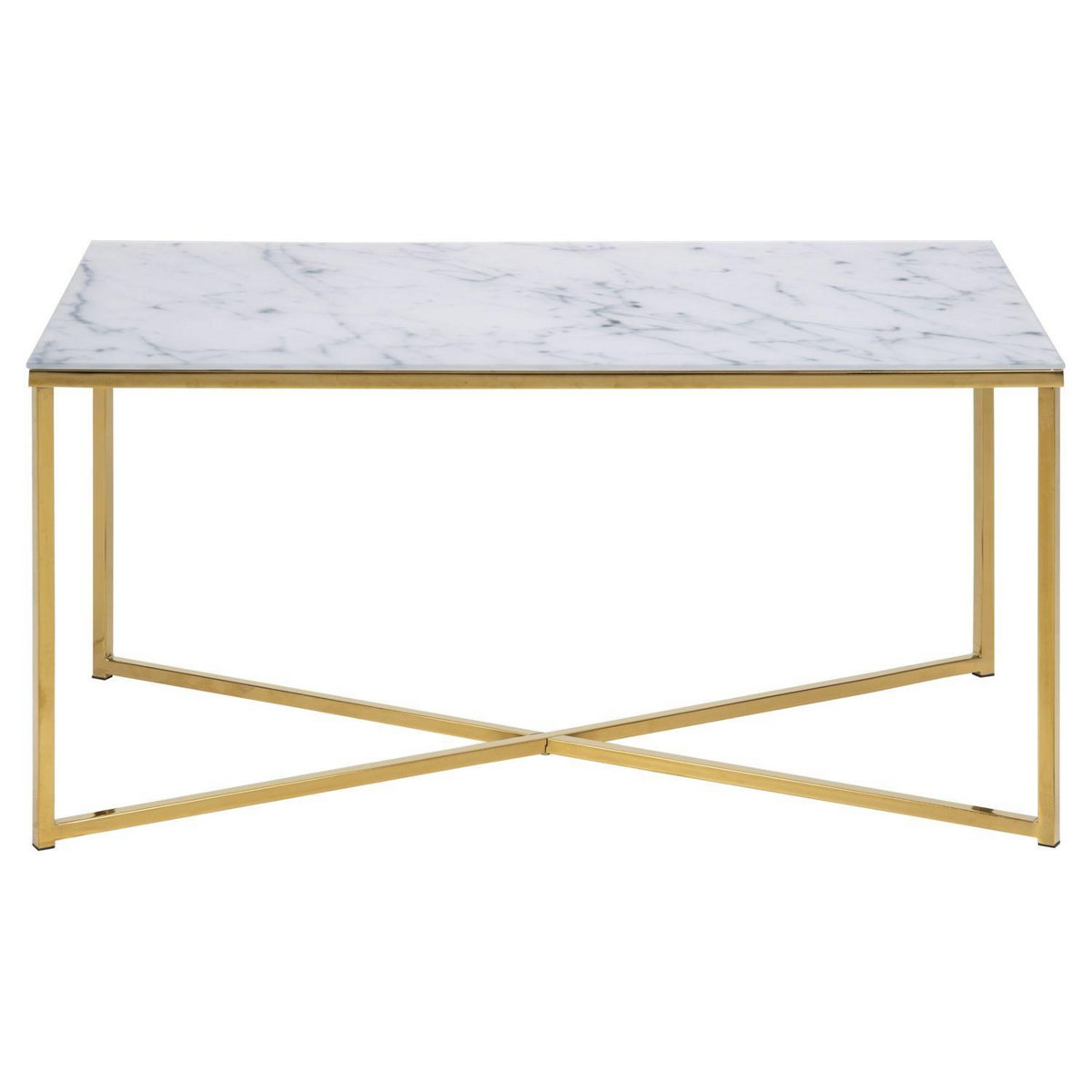 TOILINUX Table basse rectangulaire effet marbre en verre et métal - L.90 cm x H. 45 cm - Doré et blanc