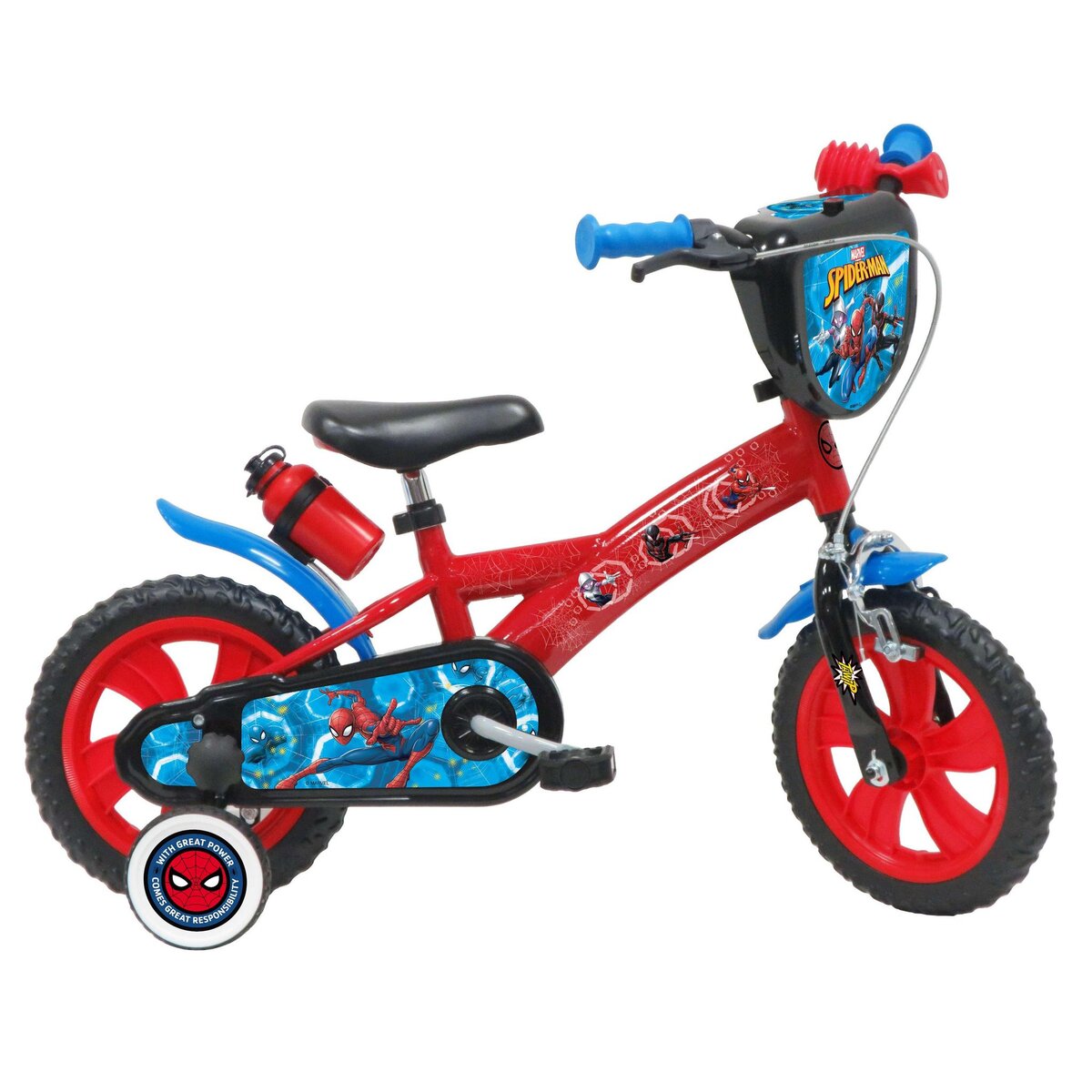 Marvel Vélo 12  Garçon Licence  Spiderman  pour enfant de 85/100 cm  avec stabilisateurs à molettes - 1 frein - Plaque décorative avant - Porte bidon