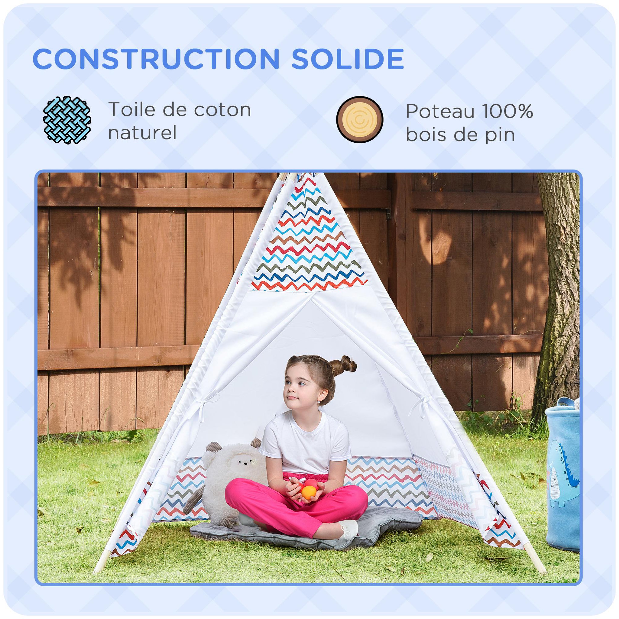 Voir la diapositive 6 : HOMCOM Tente teepee indien enfant style graphique - dim. 1,2L x 1,2I x 1,55H m - porte refermable, fenêtre - structure bois, toile polyester coton blanc multicolore