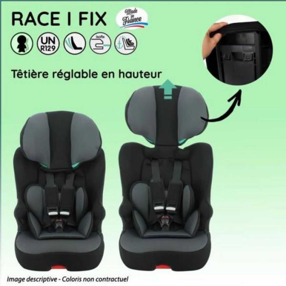 NANIA Siege Auto  isofix NANIA RACE I FIX 76-140 cm R129 –de 3 a 10 ans – Tetiere réglable - Base inclinable - Noir - Fabrication