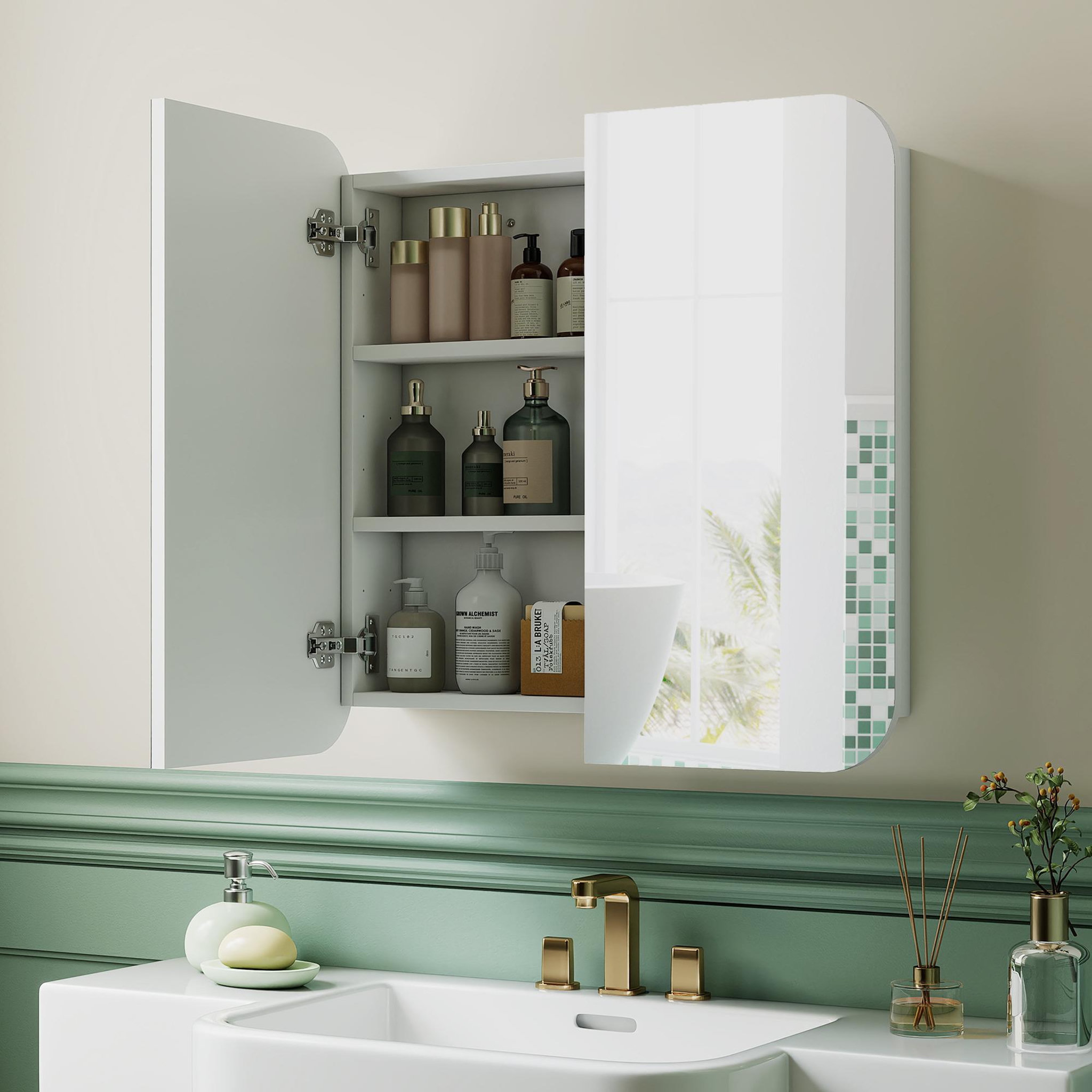 Voir la diapositive 2 : HOMCOM Armoire miroir murale salle de bain design arqué 2 portes dim. 68 x 13 x 66 cm blanc