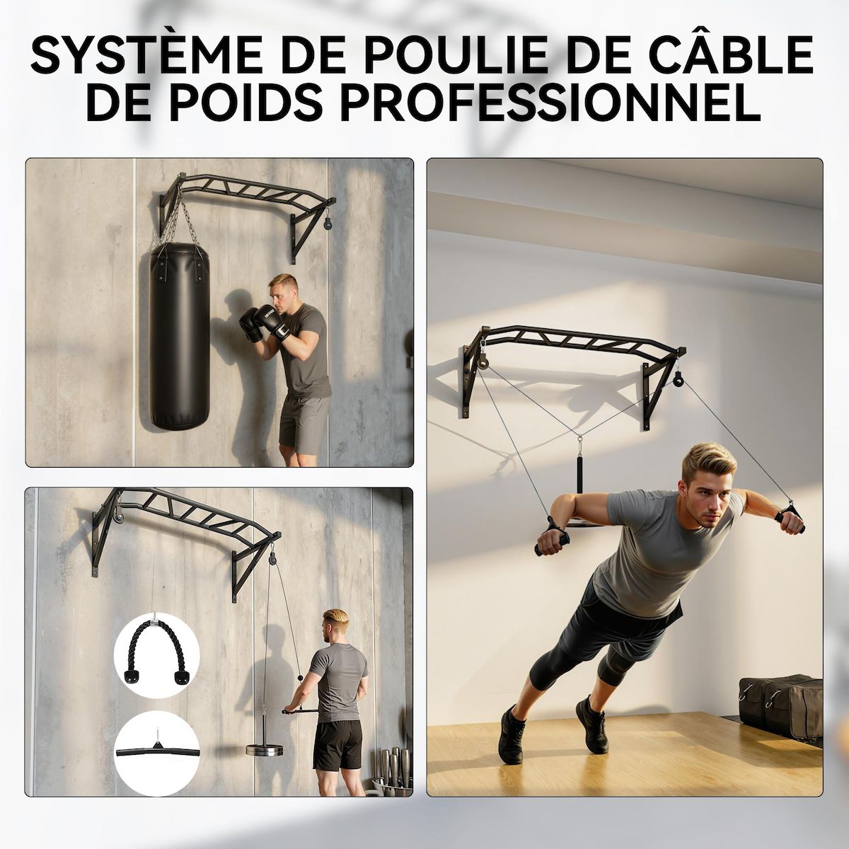 HOMCOM Barre de traction murale multi-prise avec accessoires et kit complet installation max. 200 Kg acier noir