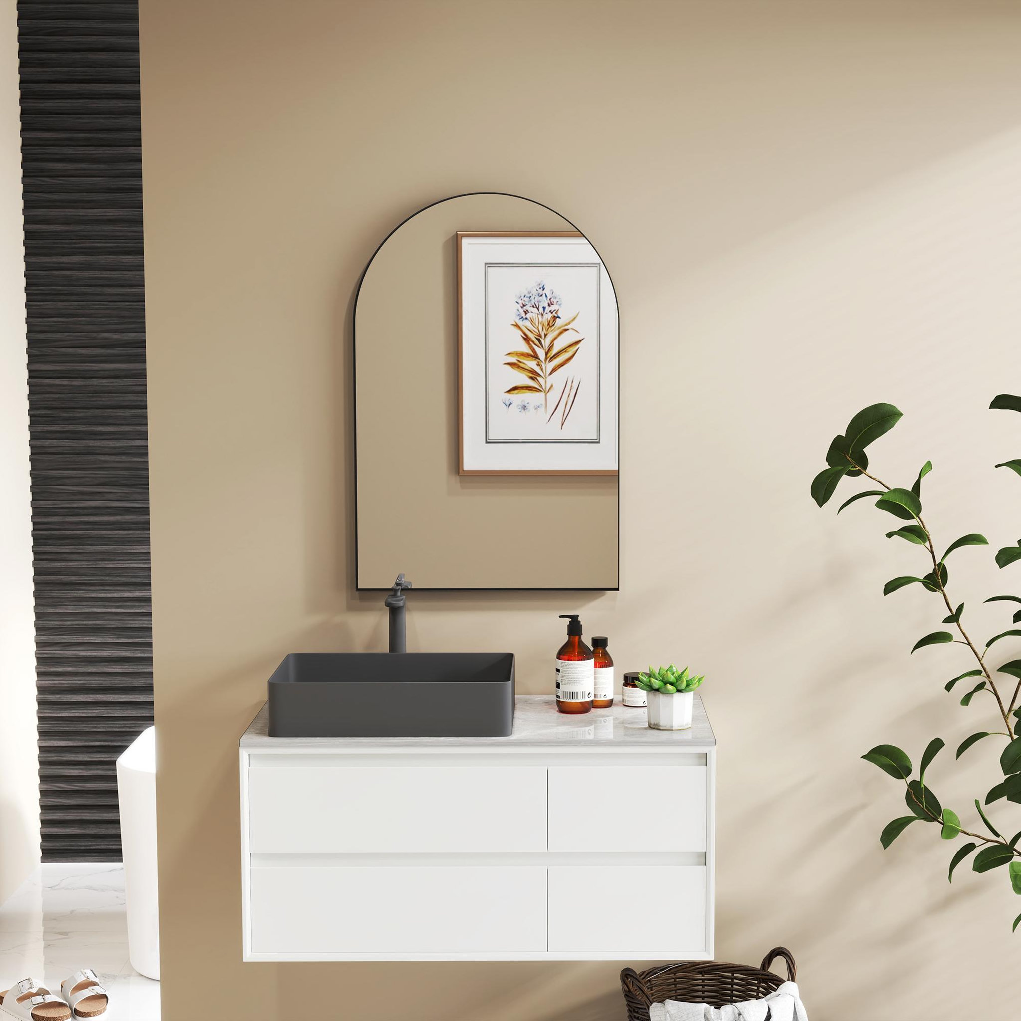 Voir la diapositive 2 : HOMCOM Miroir mural arqué 60 x 90 cm haute définition cadre alliage aluminium noir