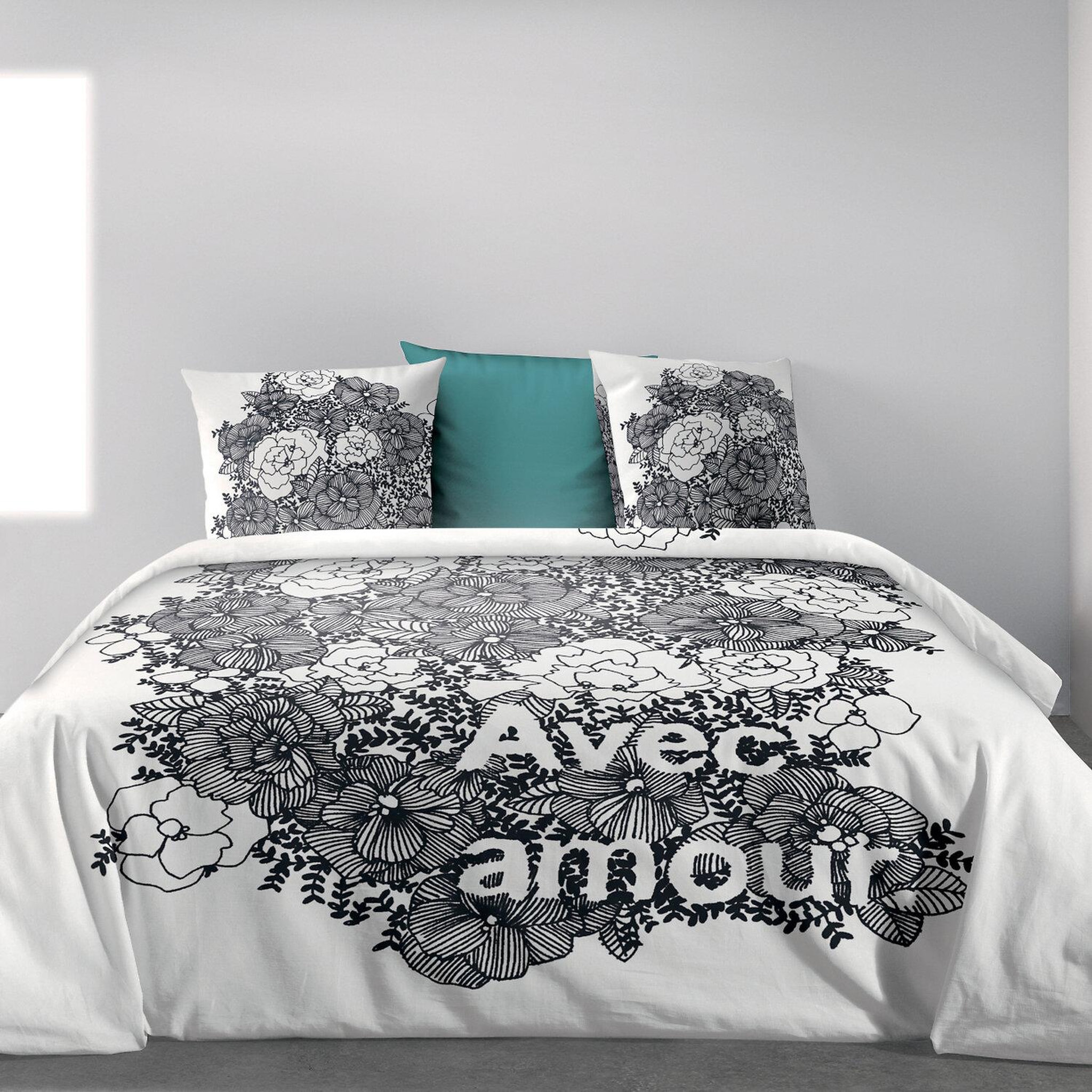 Voir la diapositive 2 : Les Ateliers du Linge Parure housse de couette 100% coton 47 fils/cm2-avec amour