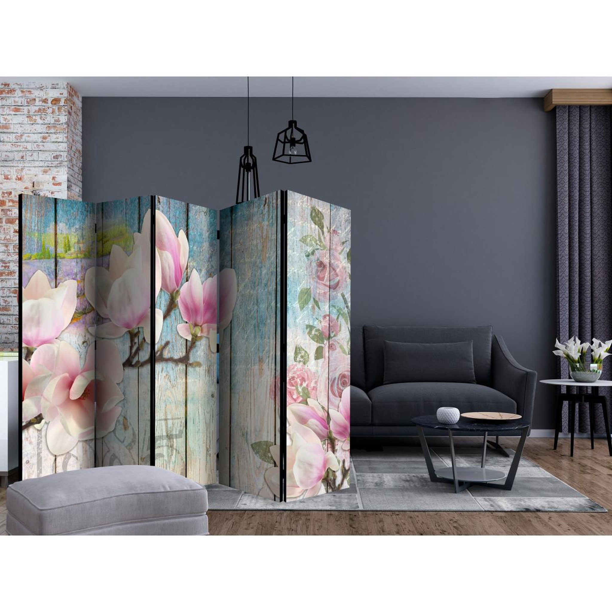 Voir la diapositive 2 : Paris Prix Paravent 5 volets  pink flowers on wood  172x225cm