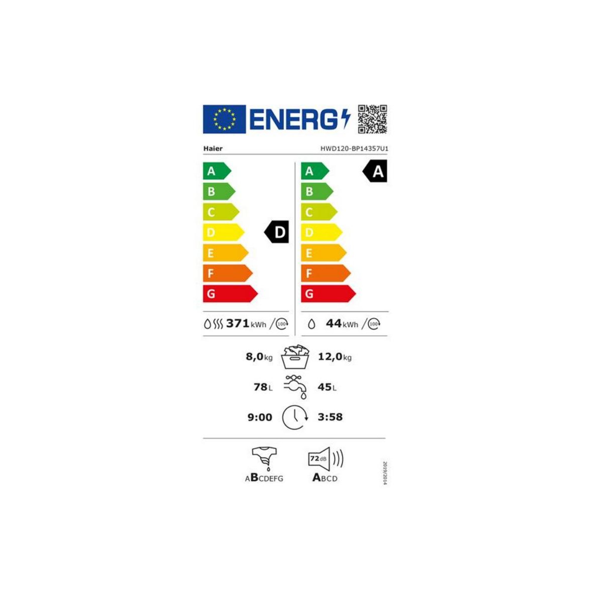 Voir la diapositive 2 : HAIER Lave-linge séchant 12/8kg 1400 trs/min - hwd120bp14357ufr