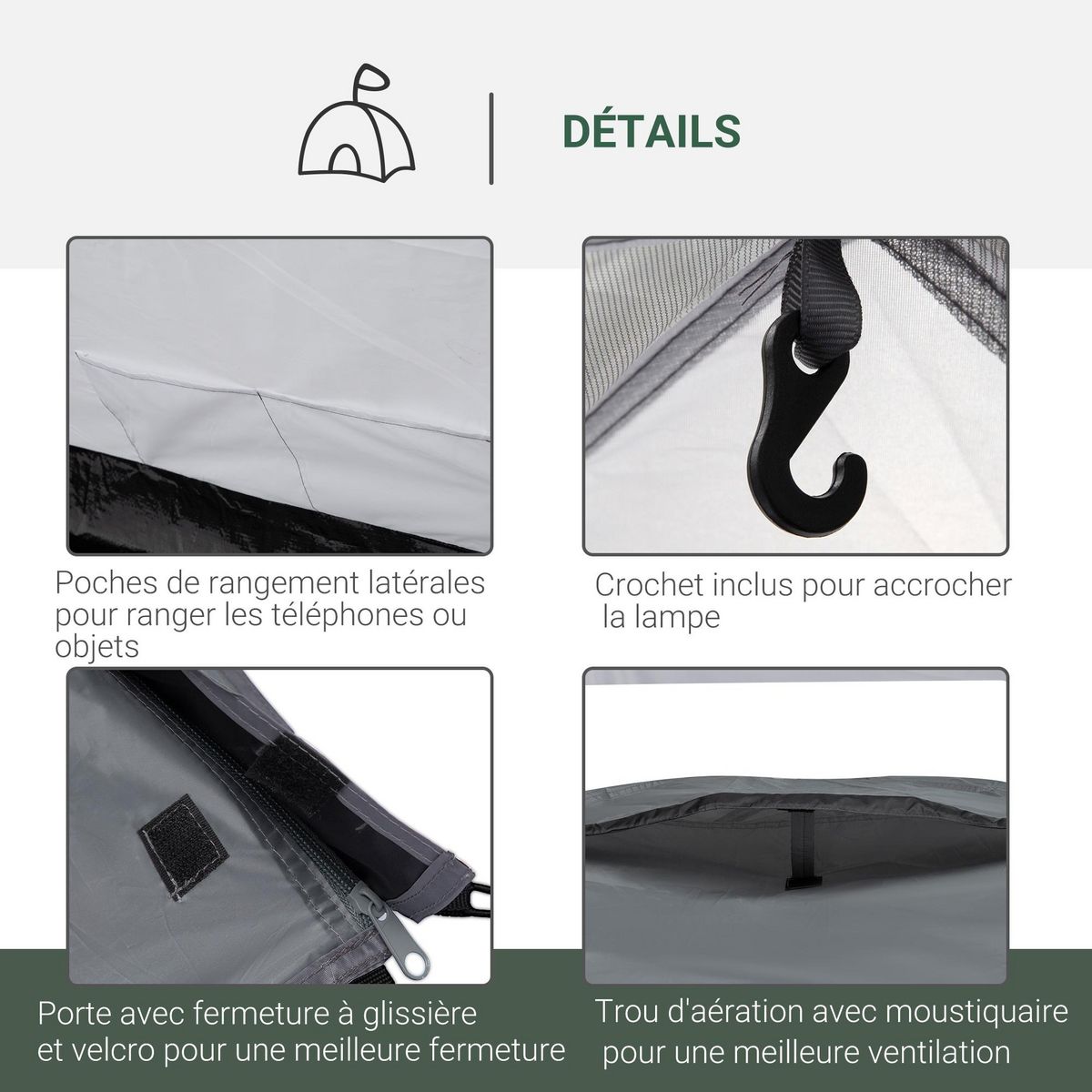 OUTSUNNY Tente de camping 2-3 personnes montage facile 2 portes fenêtres dim. 3,25L x 1,83l x 1,3H m fibre verre polyester PE gris