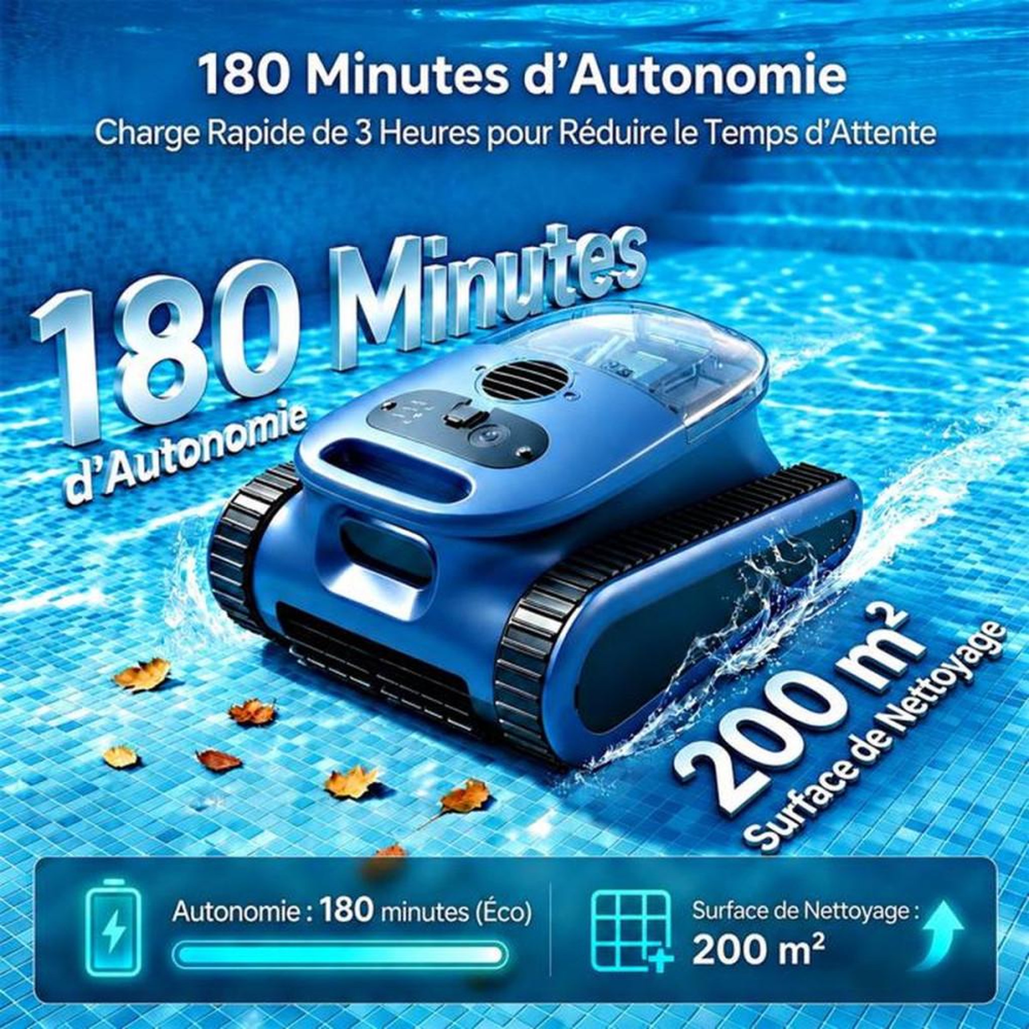 Voir la diapositive 2 : Robot de nettoyage de piscine sans fil, sol/murs/ligne d'eau, contrôle application, 200 m², 45 000 Pa, 3 L, IPX8